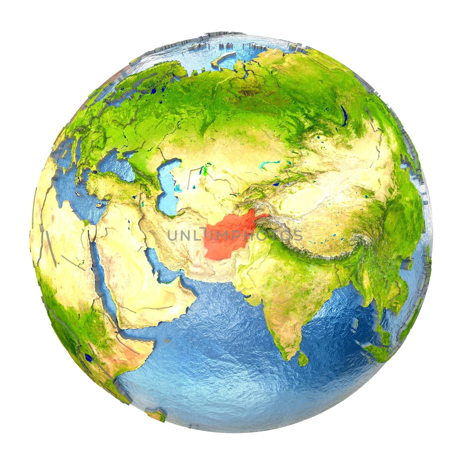 Afghanistan highlighted in red on Earth. 3D illustration with highly detailed realistic planet surface isolated on white background. Elements of this image furnished by NASA.