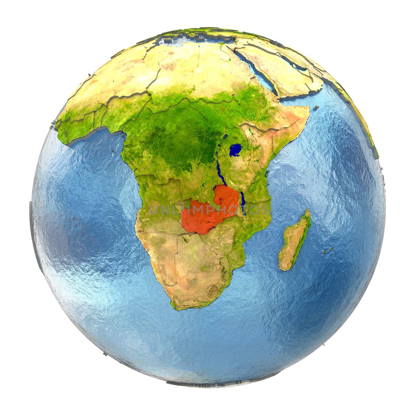 Zambia highlighted in red on Earth. 3D illustration with highly detailed realistic planet surface isolated on white background. Elements of this image furnished by NASA.