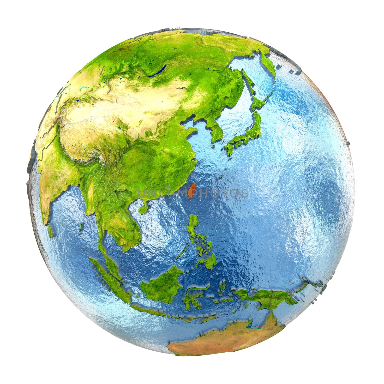 Taiwan highlighted in red on Earth. 3D illustration with highly detailed realistic planet surface isolated on white background. Elements of this image furnished by NASA.