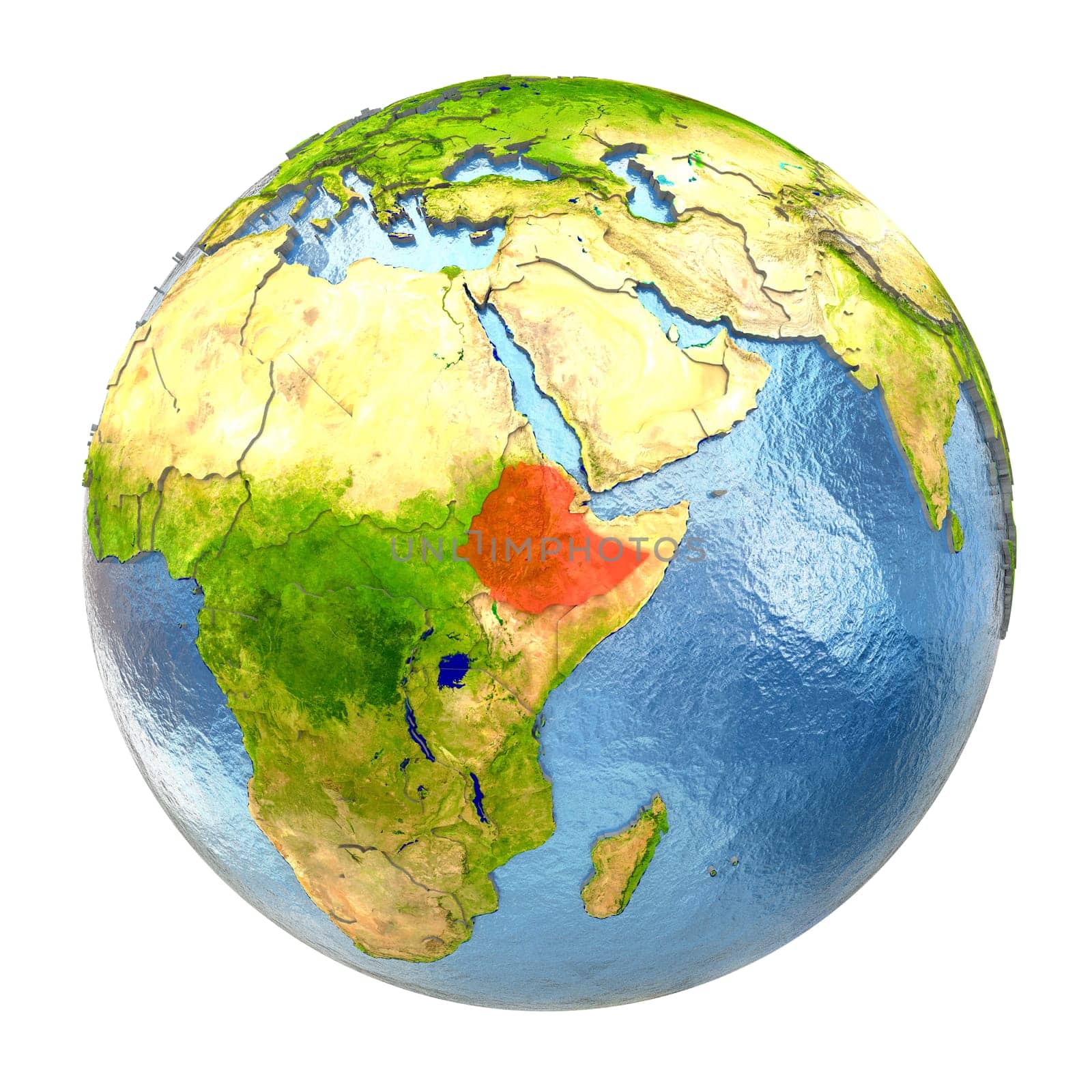 Ethiopia highlighted in red on Earth. 3D illustration with highly detailed realistic planet surface isolated on white background. Elements of this image furnished by NASA.