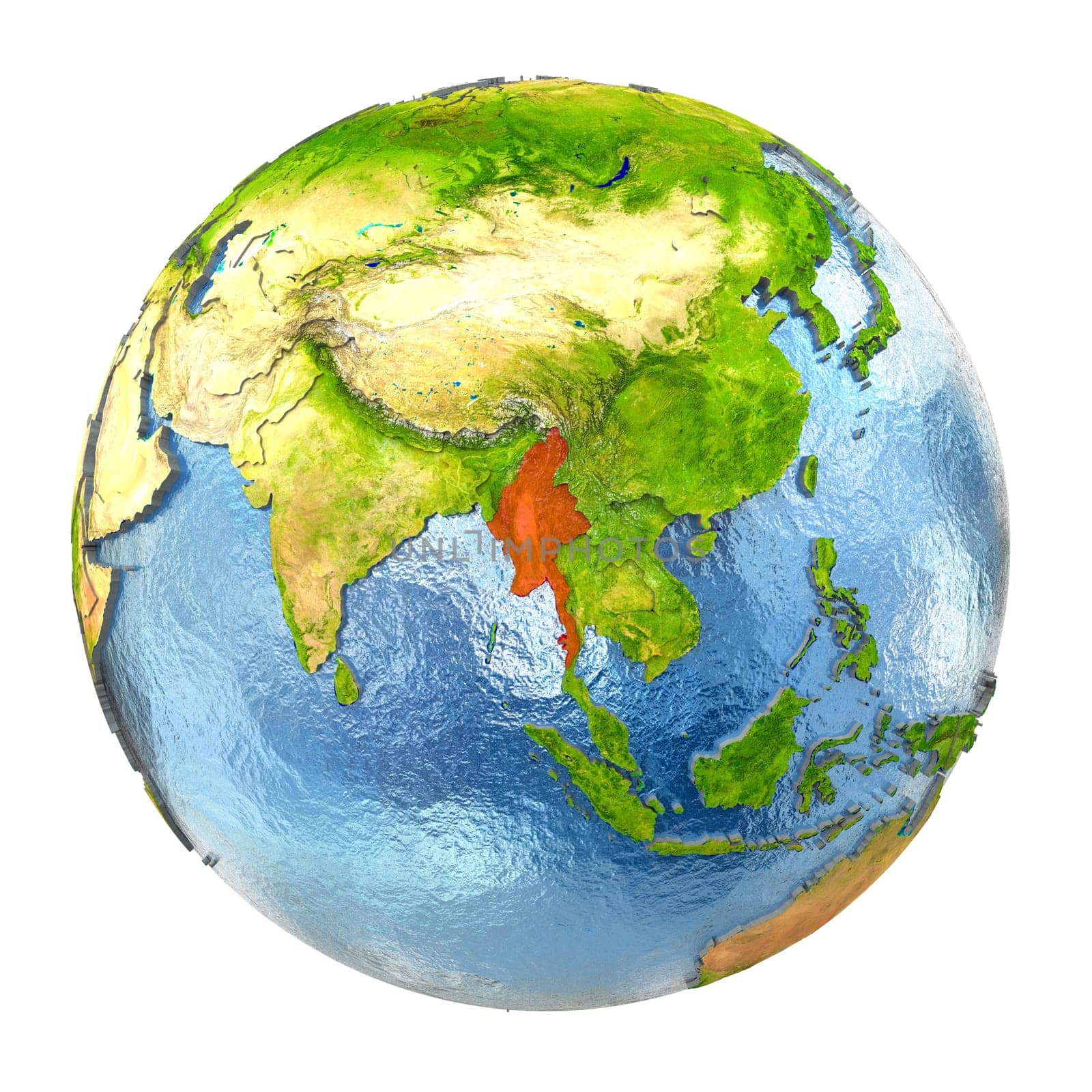Myanmar highlighted in red on Earth. 3D illustration with highly detailed realistic planet surface isolated on white background. Elements of this image furnished by NASA.
