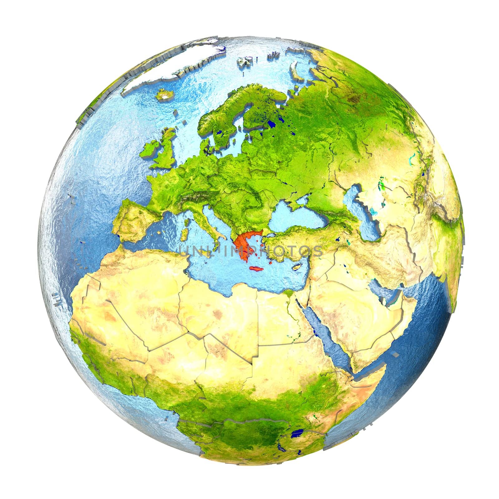 Greece highlighted in red on Earth. 3D illustration with highly detailed realistic planet surface isolated on white background. Elements of this image furnished by NASA.