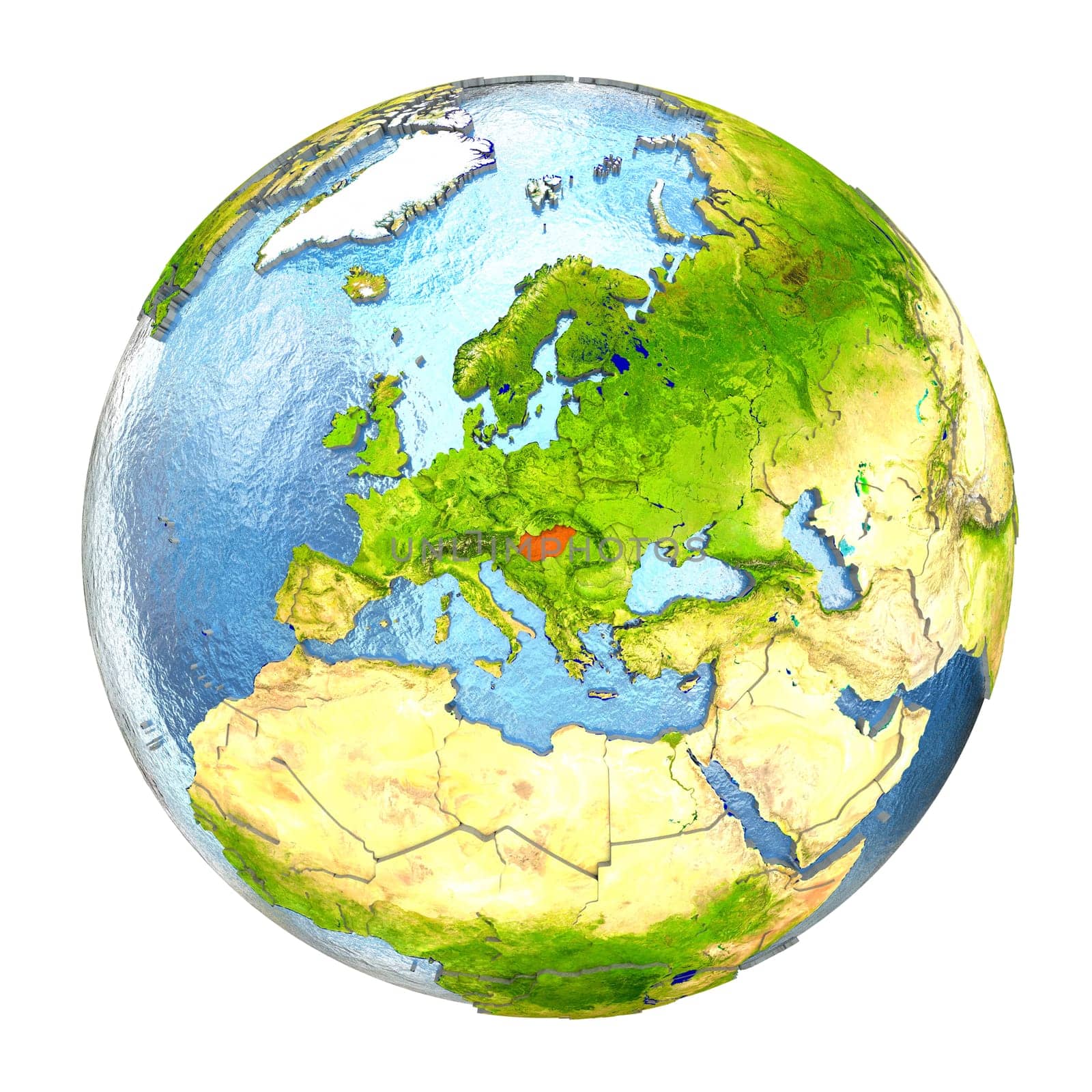 Hungary highlighted in red on Earth. 3D illustration with highly detailed realistic planet surface isolated on white background. Elements of this image furnished by NASA.