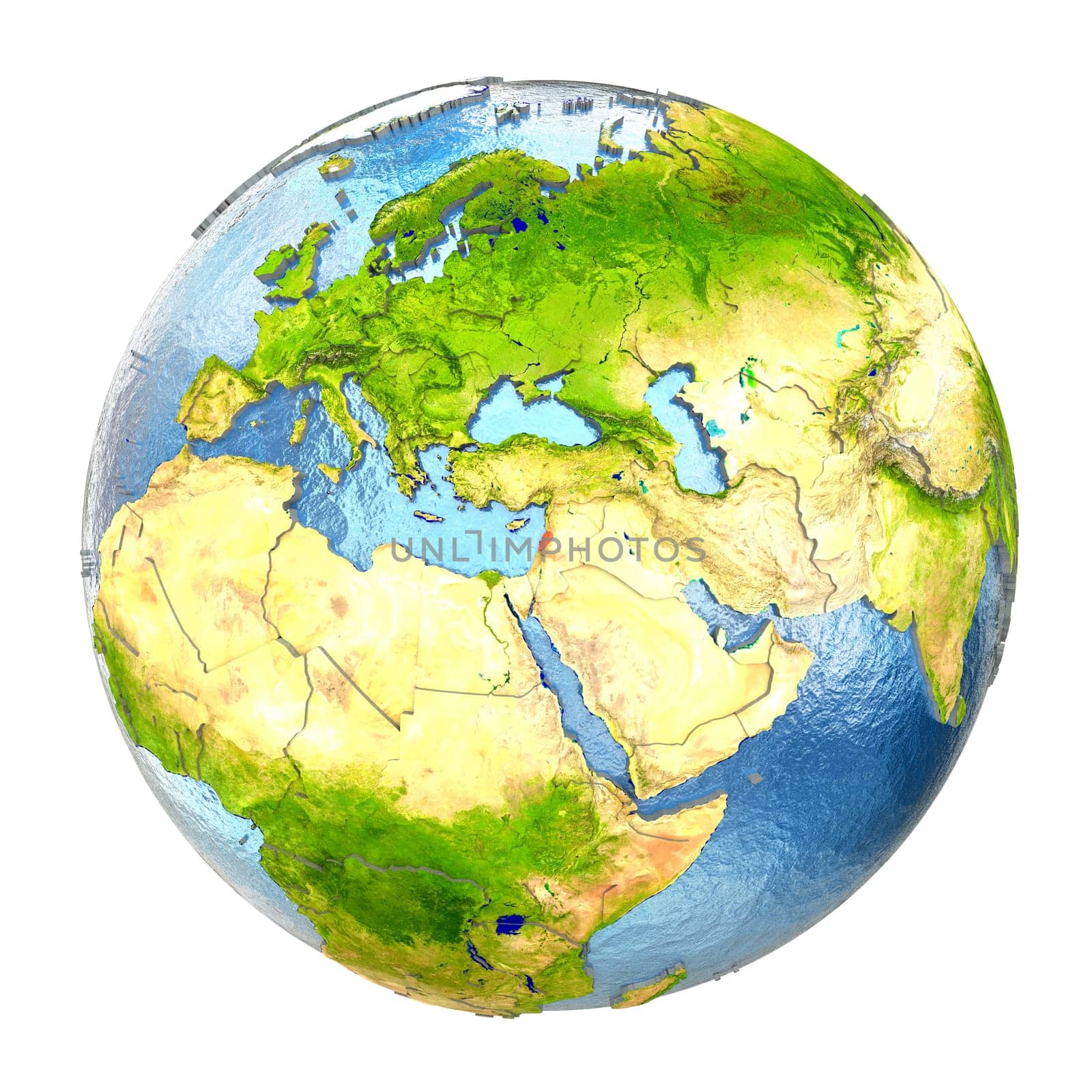 Lebanon highlighted in red on Earth. 3D illustration with highly detailed realistic planet surface isolated on white background. Elements of this image furnished by NASA.