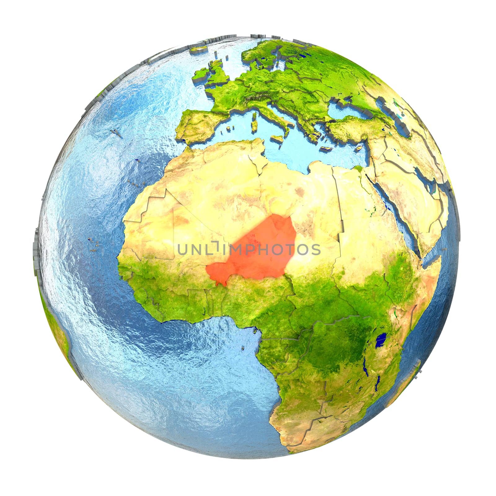 Niger highlighted in red on Earth. 3D illustration with highly detailed realistic planet surface isolated on white background. Elements of this image furnished by NASA.