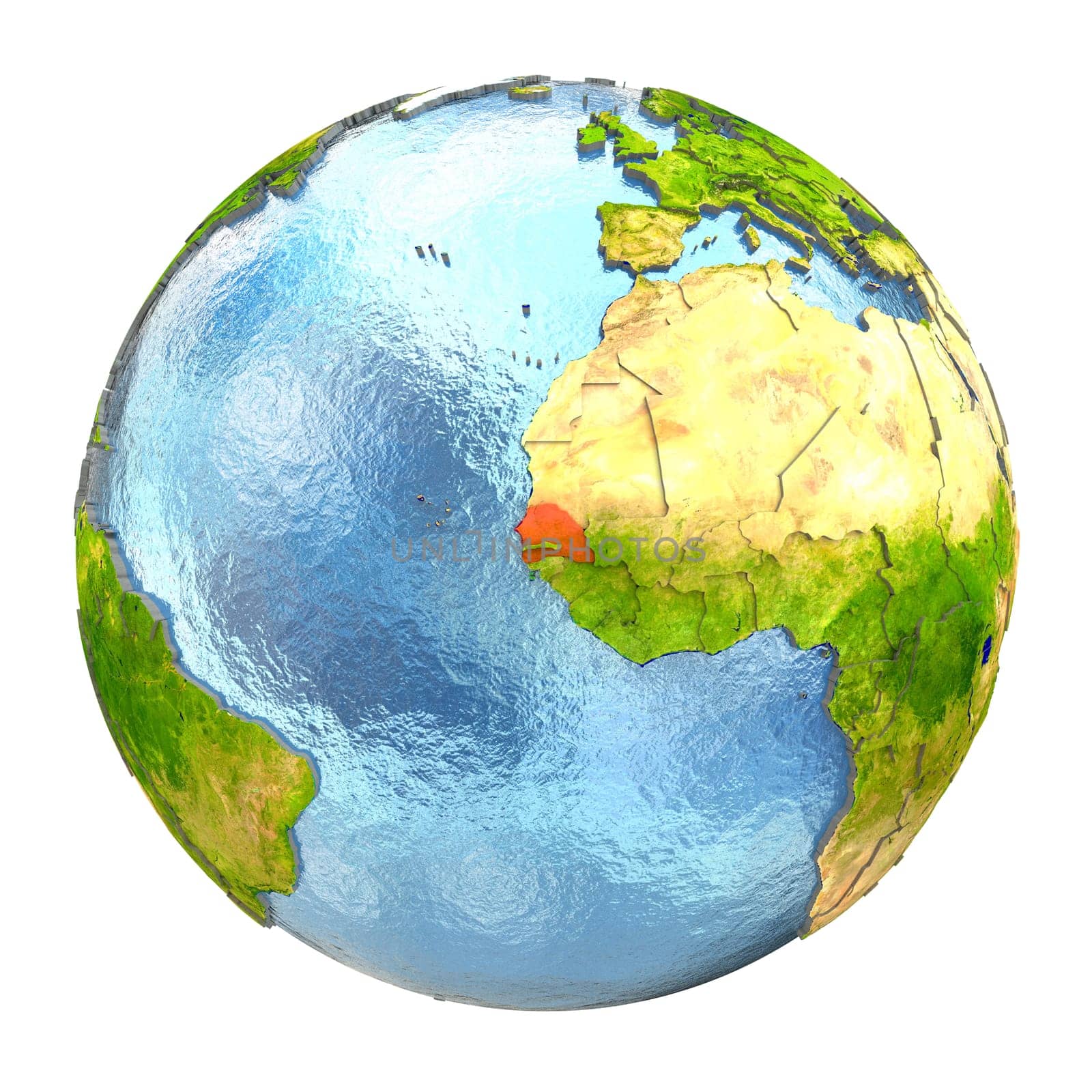 Senegal highlighted in red on Earth. 3D illustration with highly detailed realistic planet surface isolated on white background. Elements of this image furnished by NASA.