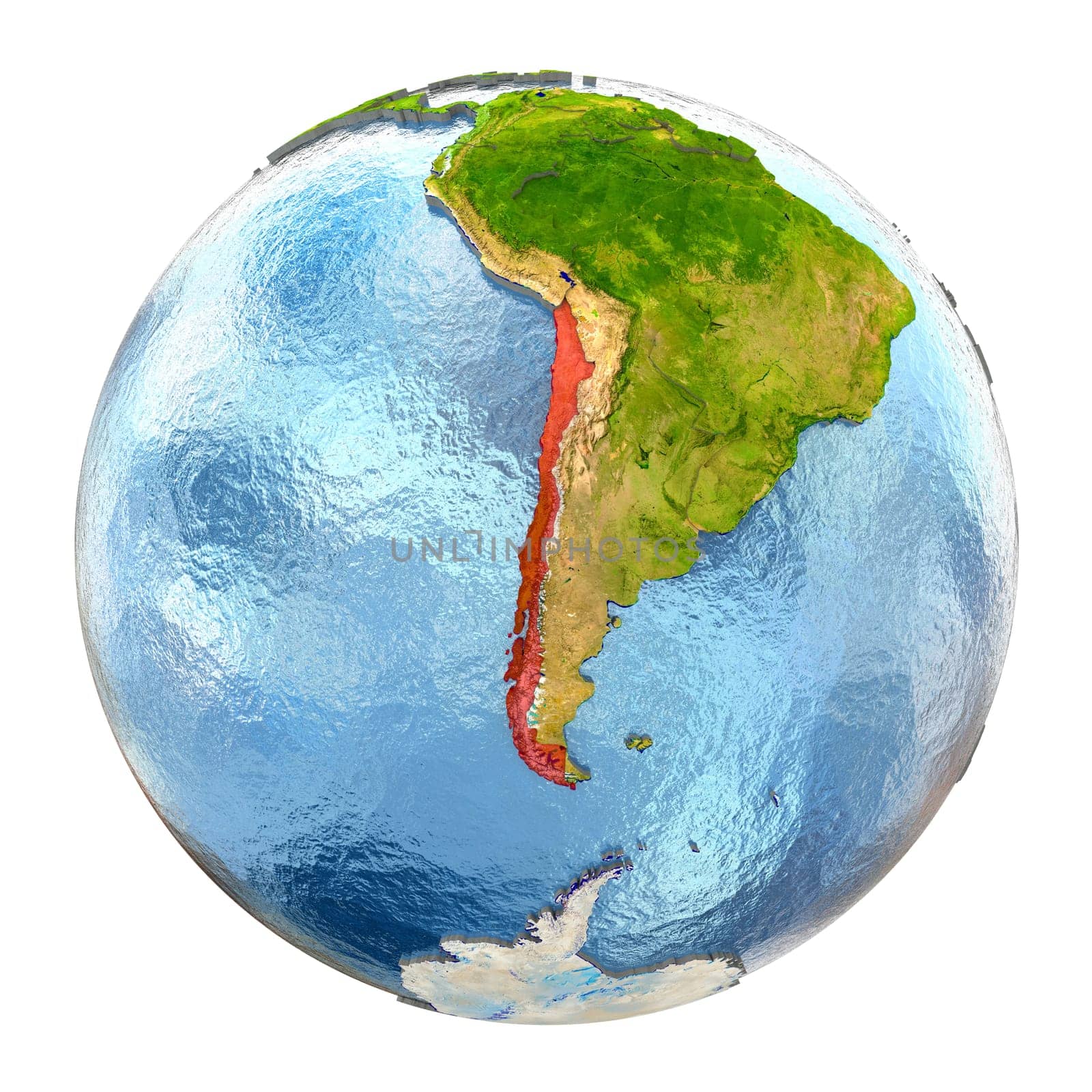 Chile highlighted in red on Earth. 3D illustration with highly detailed realistic planet surface isolated on white background. Elements of this image furnished by NASA.