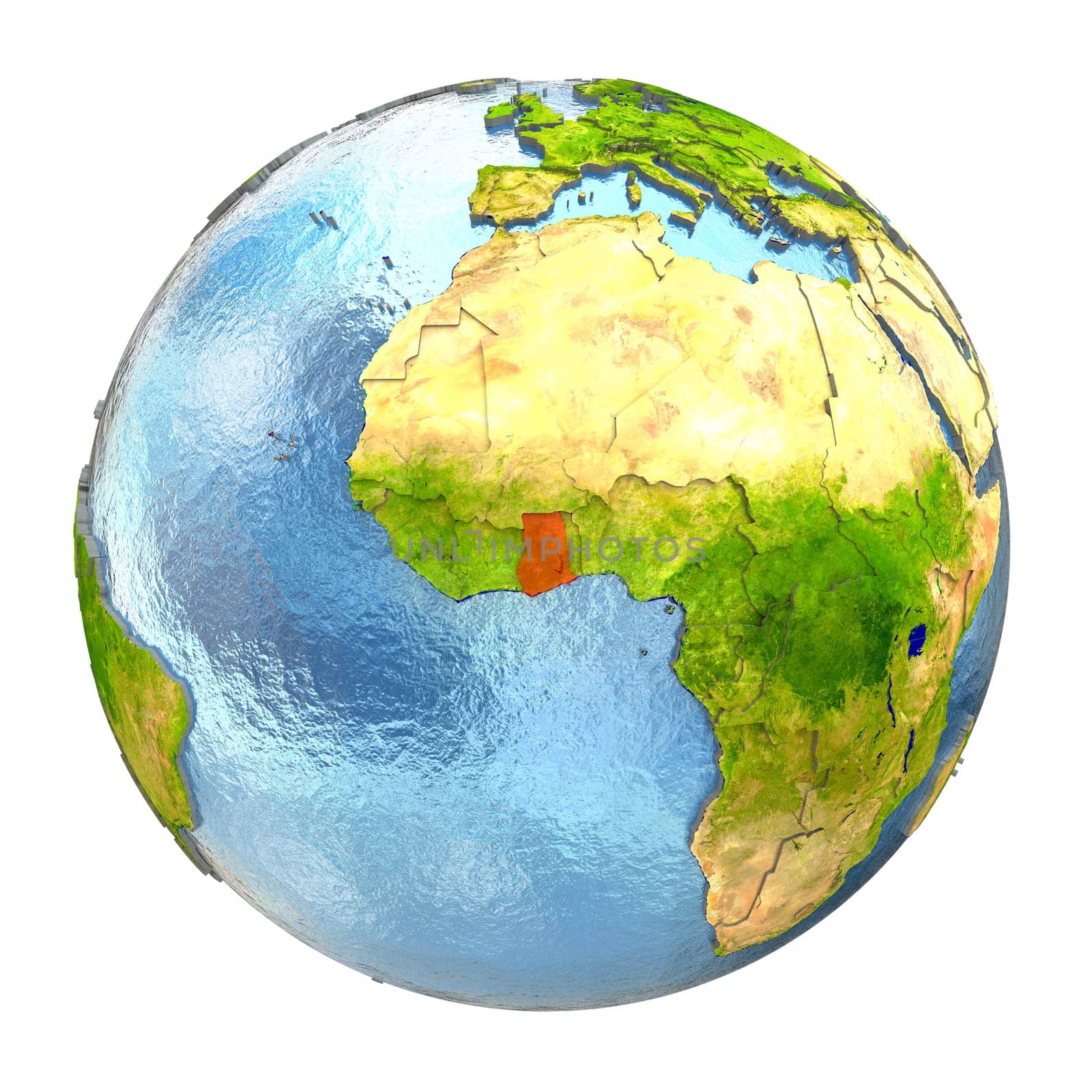 Ghana highlighted in red on Earth. 3D illustration with highly detailed realistic planet surface isolated on white background. Elements of this image furnished by NASA.