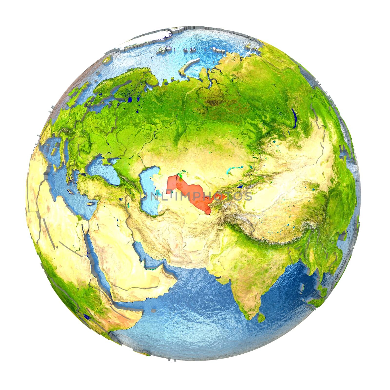 Uzbekistan highlighted in red on Earth. 3D illustration with highly detailed realistic planet surface isolated on white background. Elements of this image furnished by NASA.