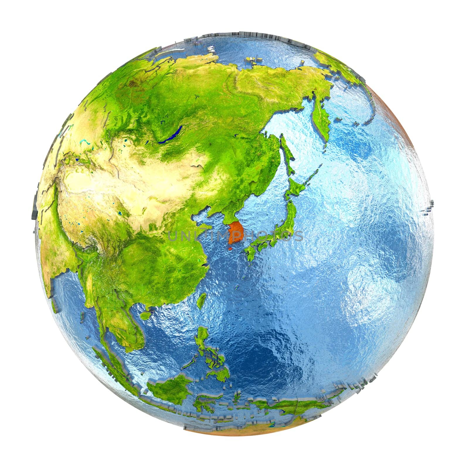 South Korea highlighted in red on Earth. 3D illustration with highly detailed realistic planet surface isolated on white background. Elements of this image furnished by NASA.