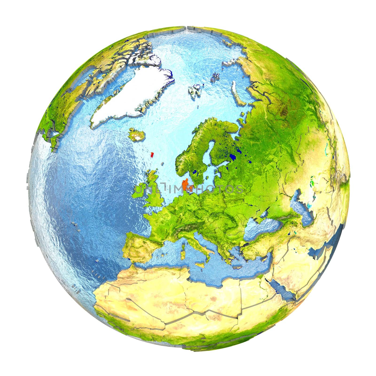 Denmark highlighted in red on Earth. 3D illustration with highly detailed realistic planet surface isolated on white background. Elements of this image furnished by NASA.