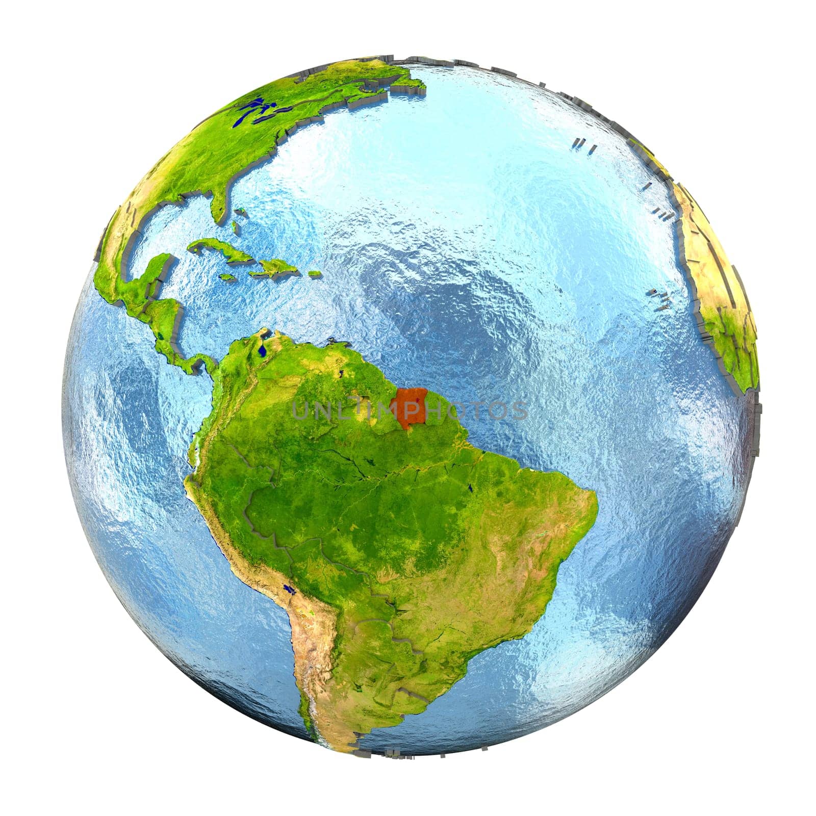 Suriname highlighted in red on Earth. 3D illustration with highly detailed realistic planet surface isolated on white background. Elements of this image furnished by NASA.