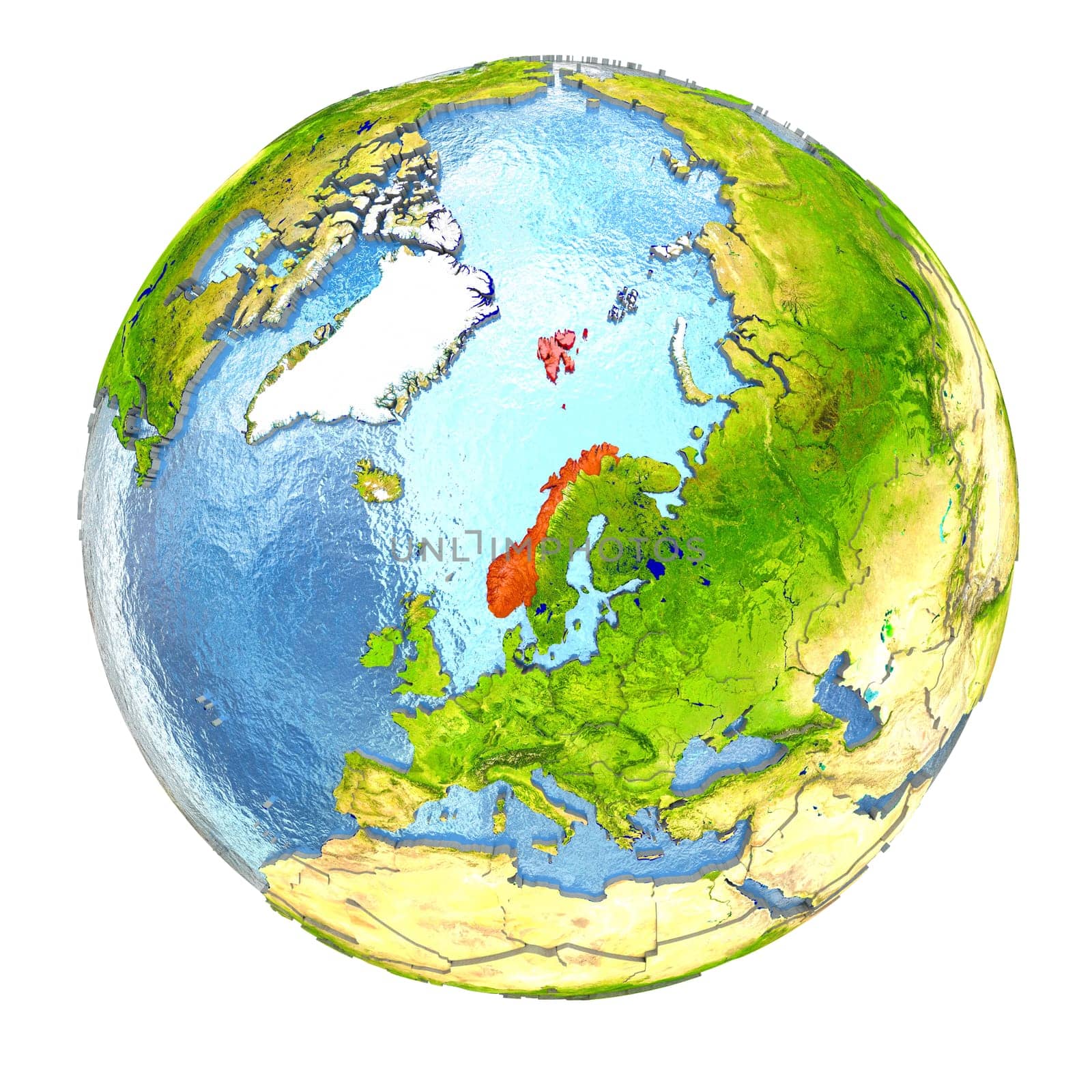 Norway highlighted in red on Earth. 3D illustration with highly detailed realistic planet surface isolated on white background. Elements of this image furnished by NASA.