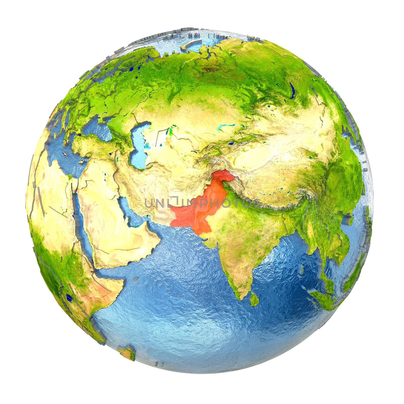 Pakistan highlighted in red on Earth. 3D illustration with highly detailed realistic planet surface isolated on white background. Elements of this image furnished by NASA.
