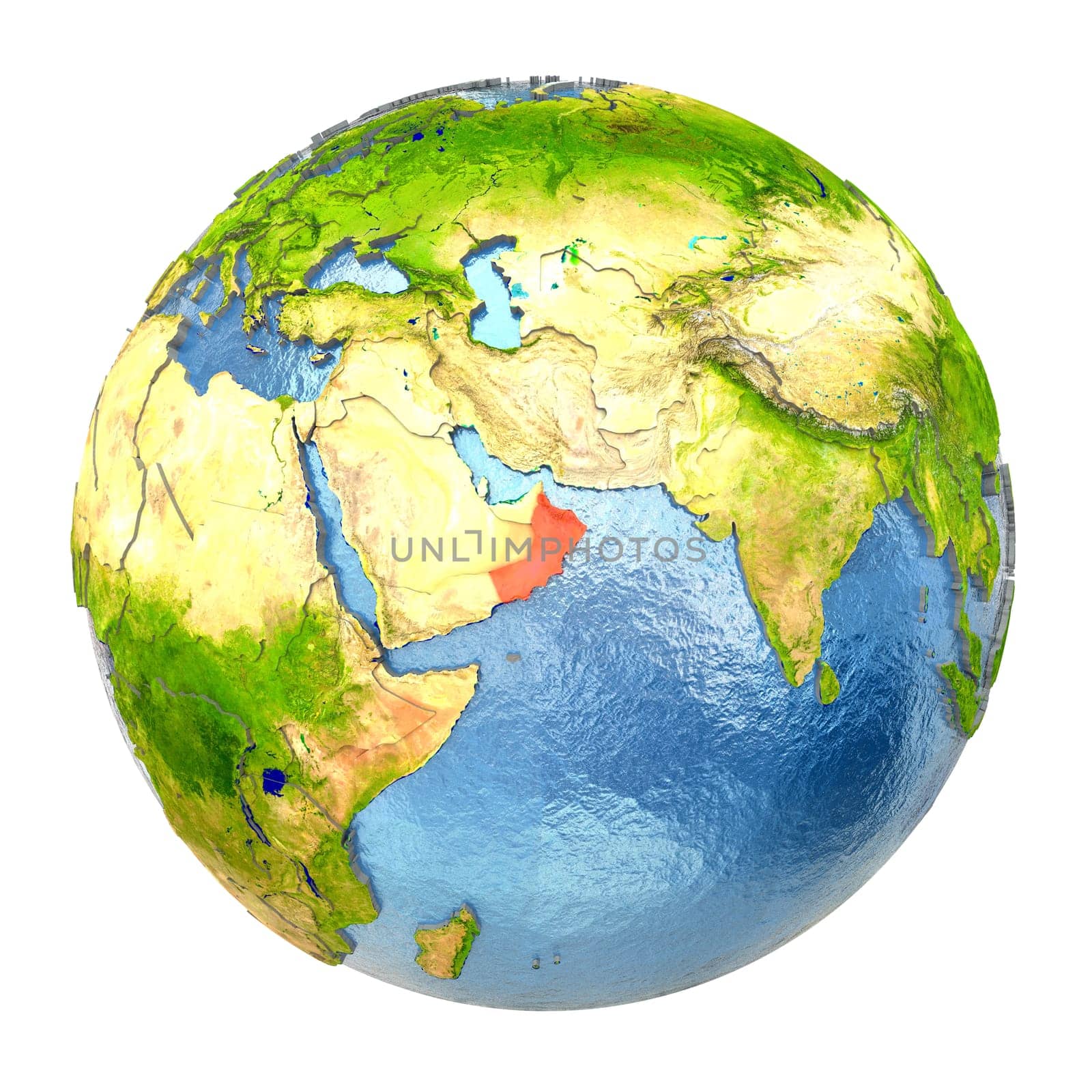 Oman highlighted in red on Earth. 3D illustration with highly detailed realistic planet surface isolated on white background. Elements of this image furnished by NASA.