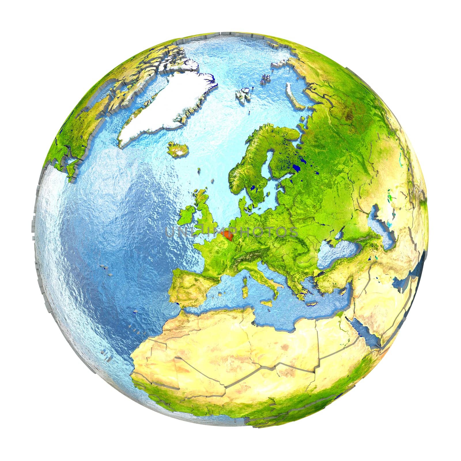 Belgium highlighted in red on Earth. 3D illustration with highly detailed realistic planet surface isolated on white background. Elements of this image furnished by NASA.