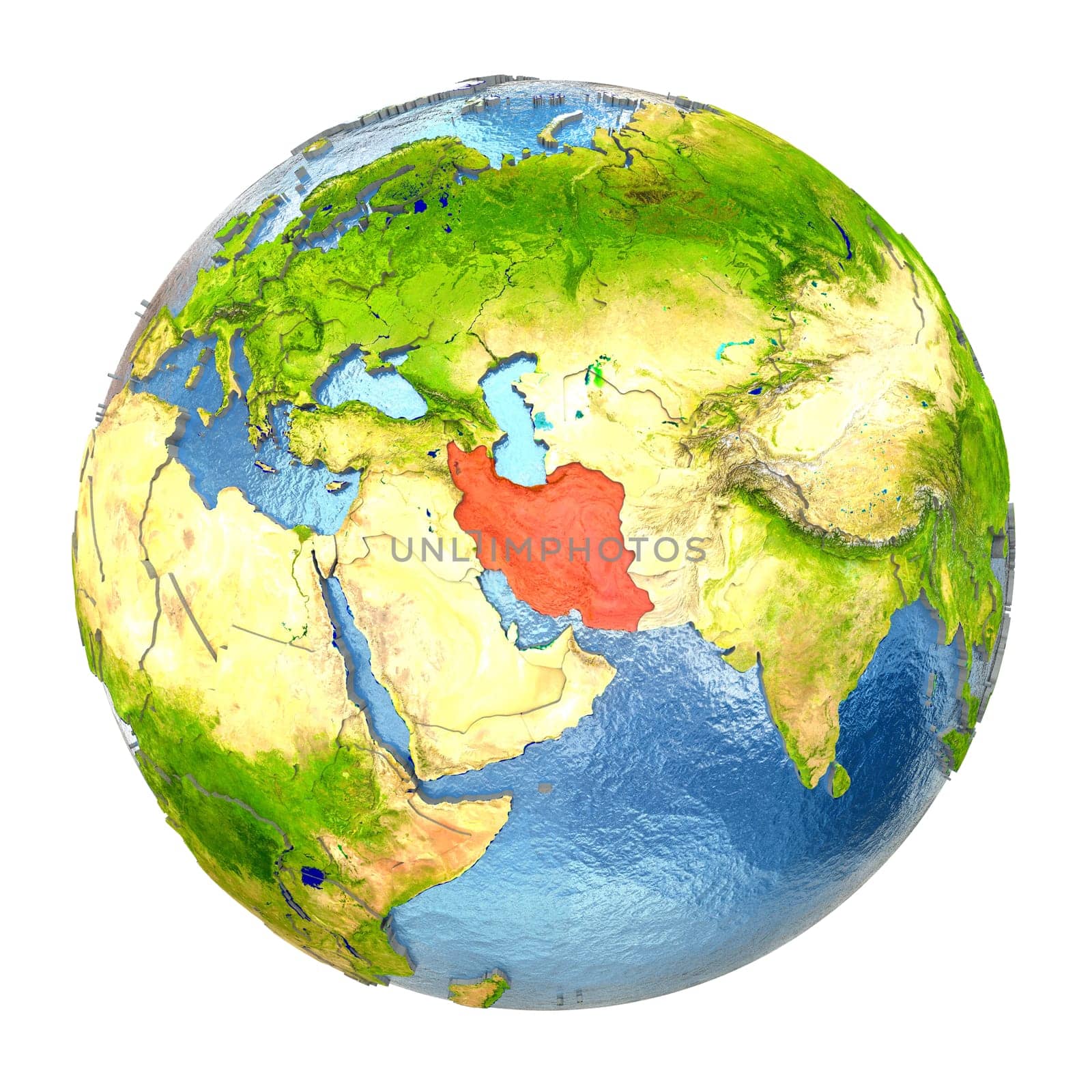 Iran highlighted in red on Earth. 3D illustration with highly detailed realistic planet surface isolated on white background. Elements of this image furnished by NASA.