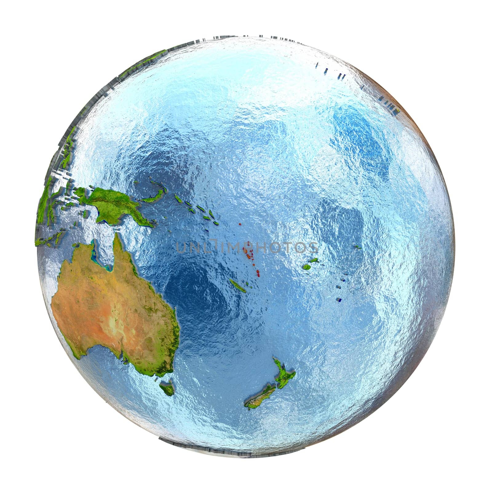 Vanuatu highlighted in red on Earth. 3D illustration with highly detailed realistic planet surface isolated on white background. Elements of this image furnished by NASA.