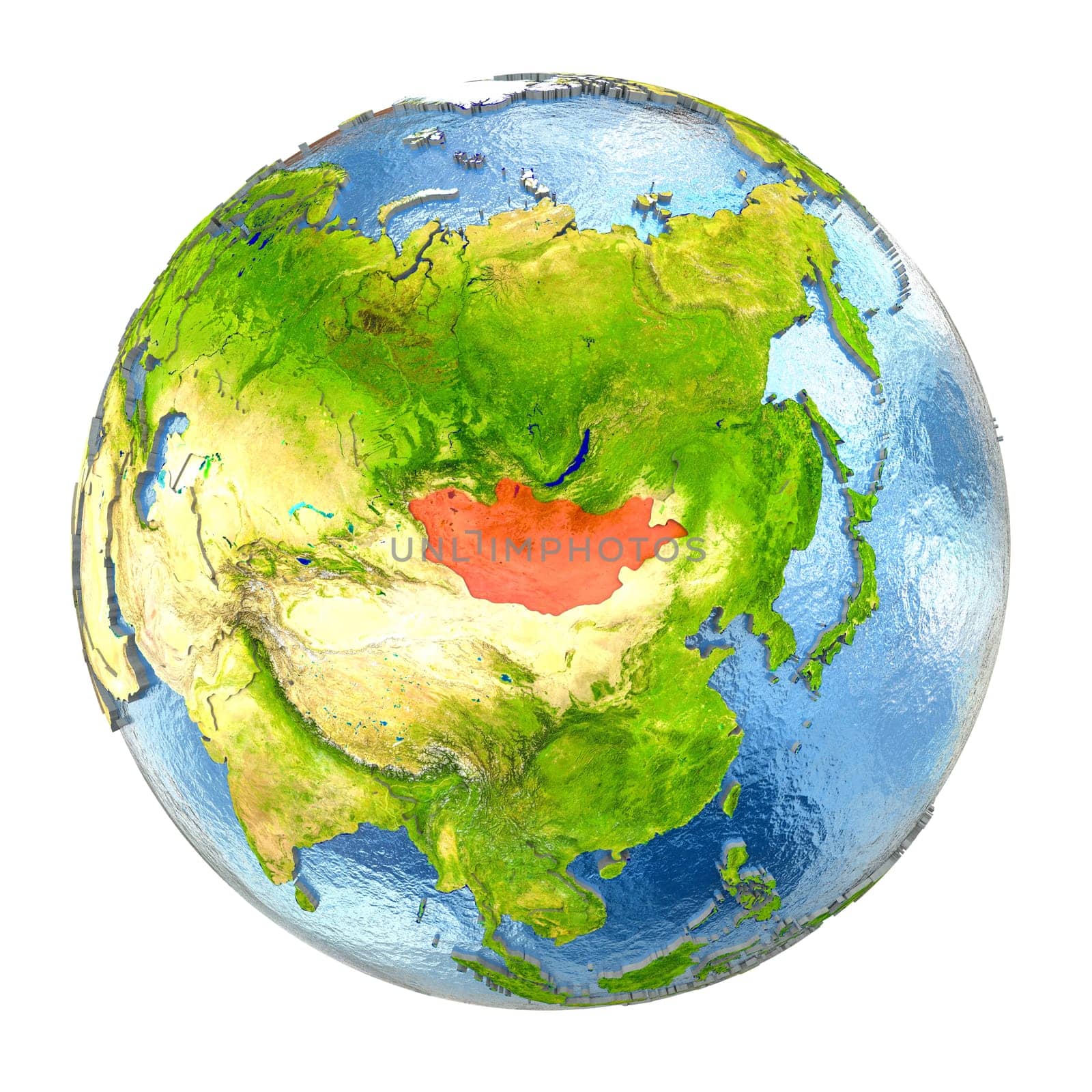 Mongolia highlighted in red on Earth. 3D illustration with highly detailed realistic planet surface isolated on white background. Elements of this image furnished by NASA.