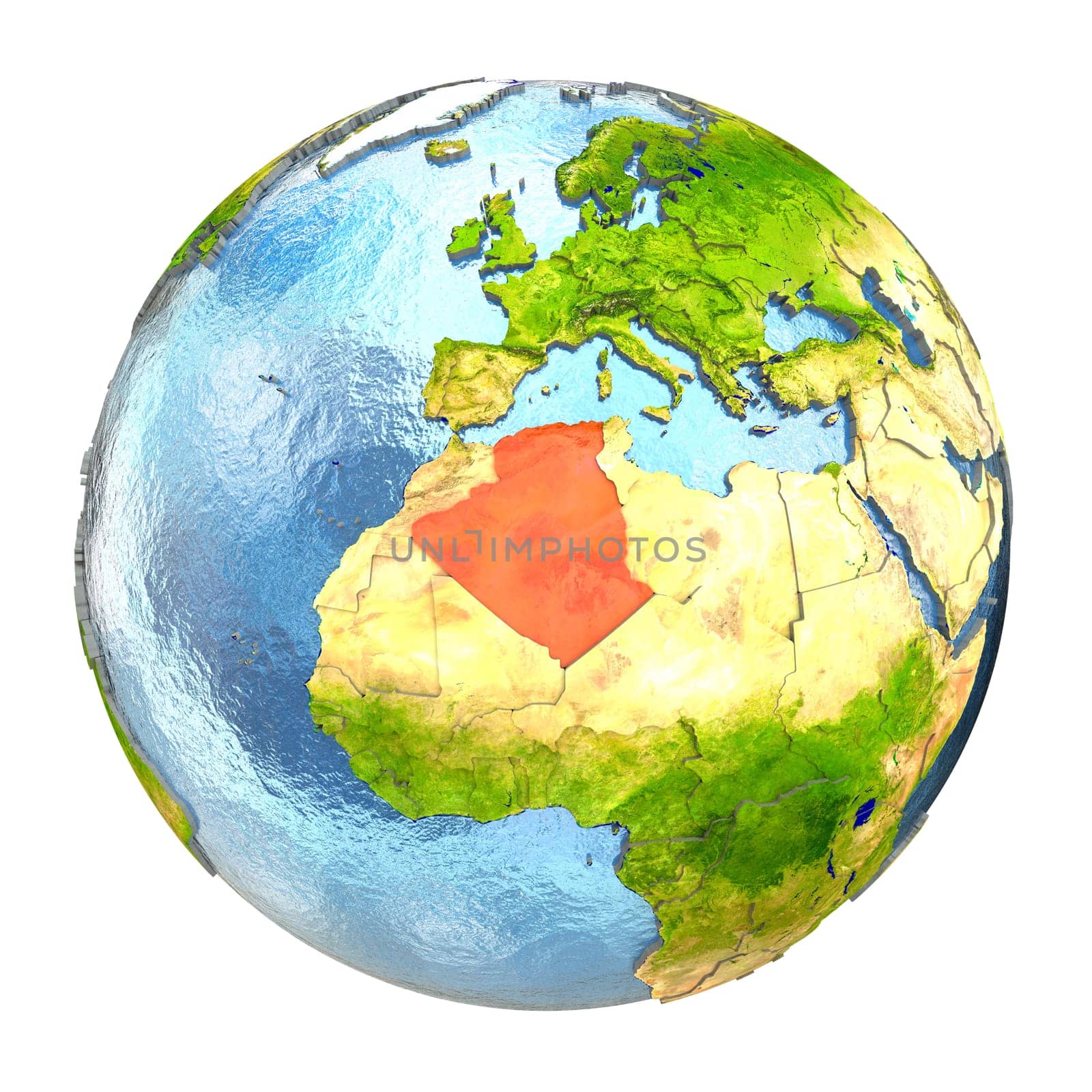 Algeria highlighted in red on Earth. 3D illustration with highly detailed realistic planet surface isolated on white background. Elements of this image furnished by NASA.