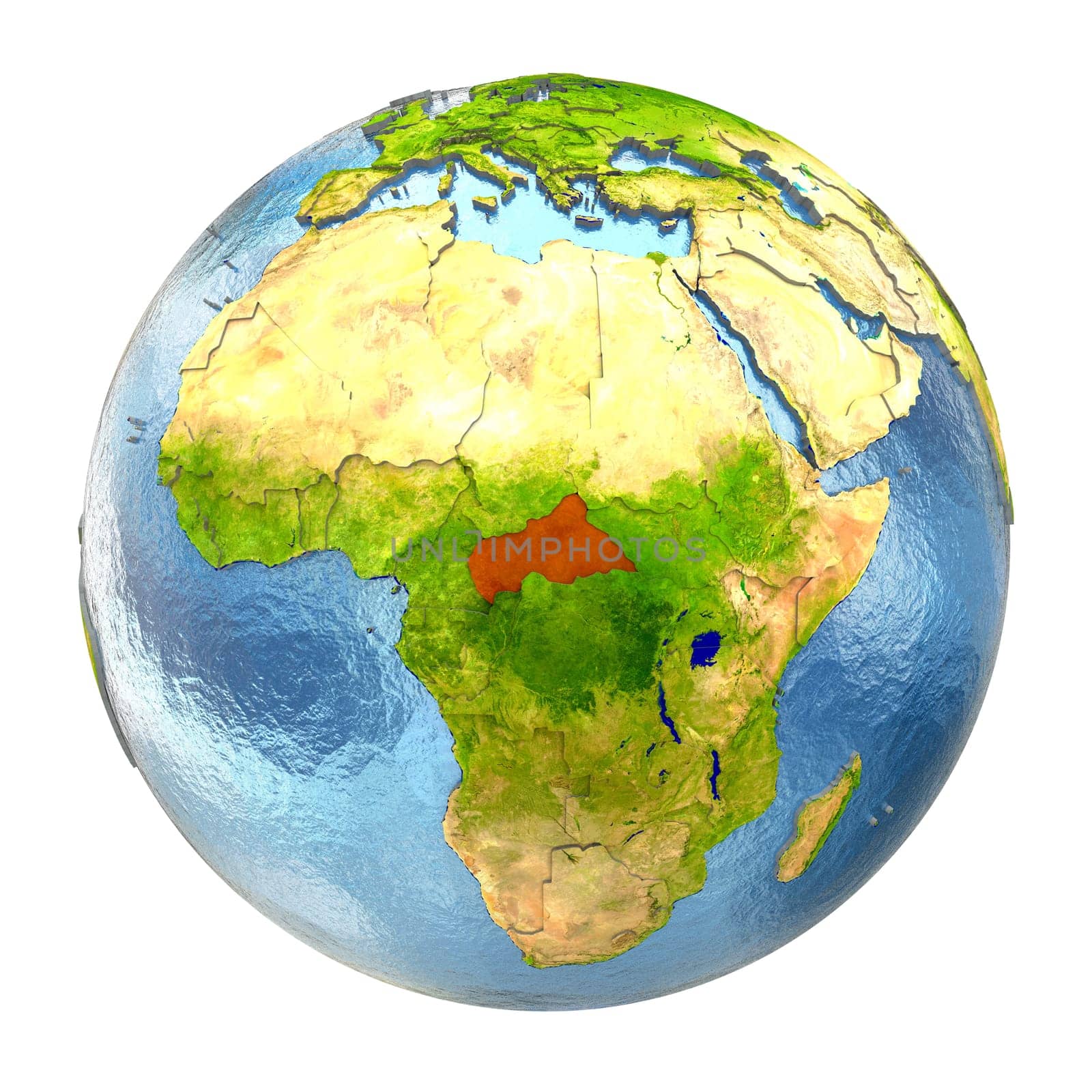 Central Africa highlighted in red on Earth. 3D illustration with highly detailed realistic planet surface isolated on white background. Elements of this image furnished by NASA.