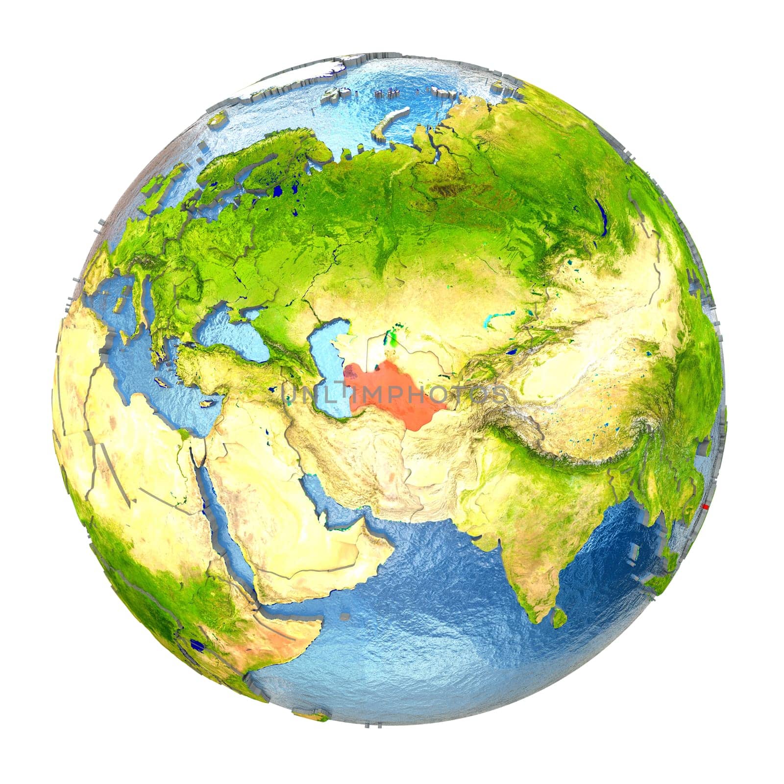 Turkmenistan highlighted in red on Earth. 3D illustration with highly detailed realistic planet surface isolated on white background. Elements of this image furnished by NASA.