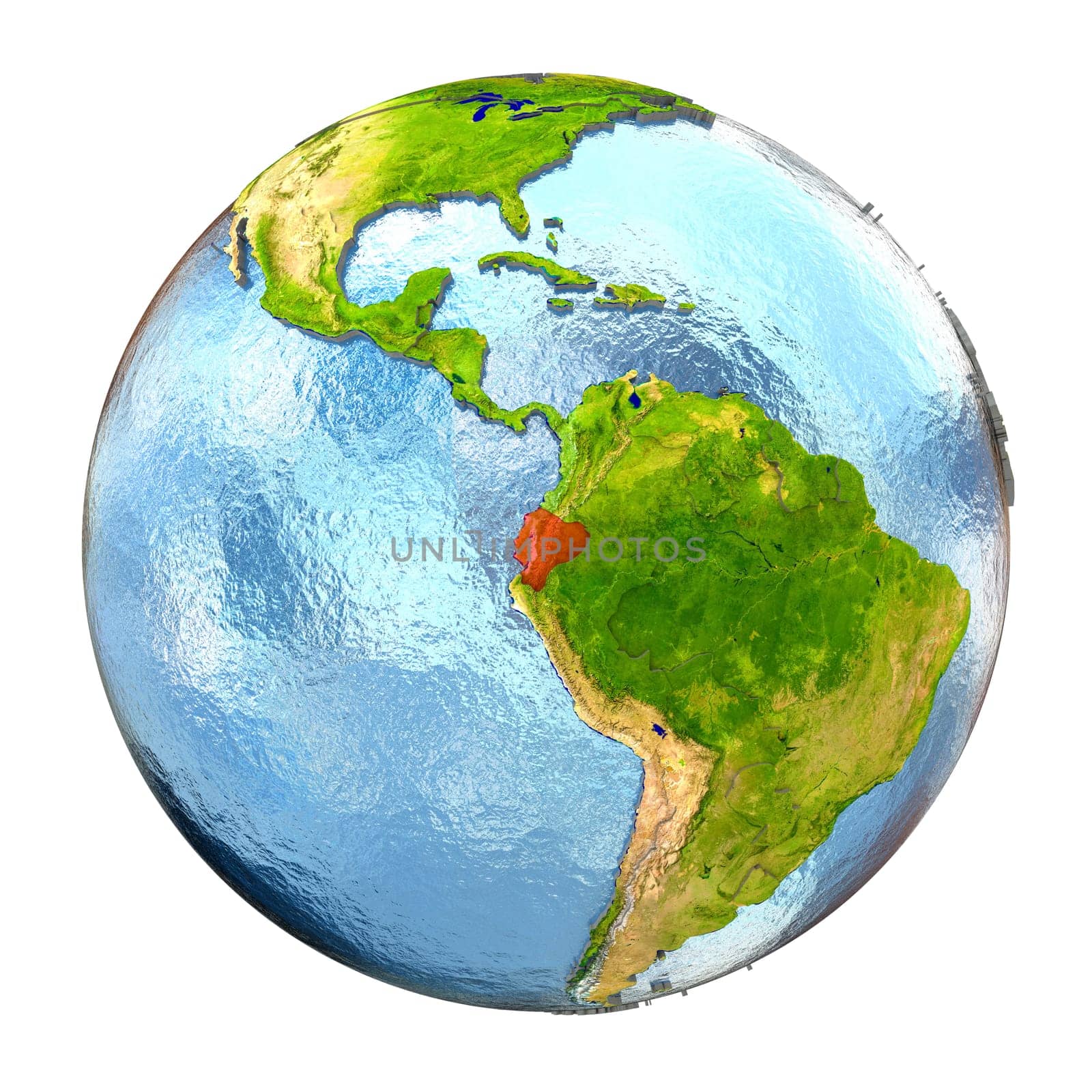 Ecuador highlighted in red on Earth. 3D illustration with highly detailed realistic planet surface isolated on white background. Elements of this image furnished by NASA.