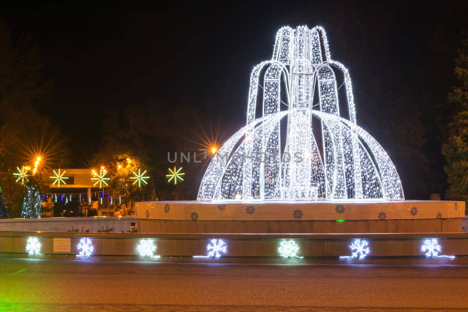 Anapa, Russia - January 7, 2017: Night view of the fountain at the resort town of Anapa Administration during the New Year holidays