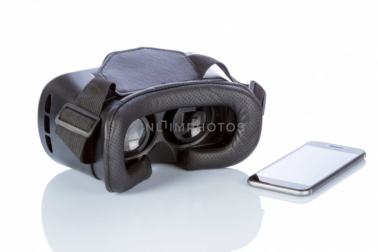 VR Glasses and smartphone with clipping path for screen isolated on white background.