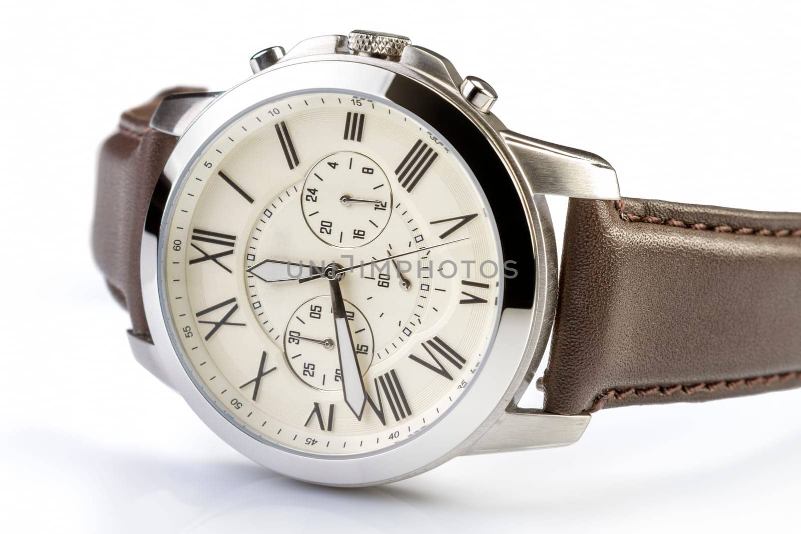 Men's luxury wrist watch on white background.