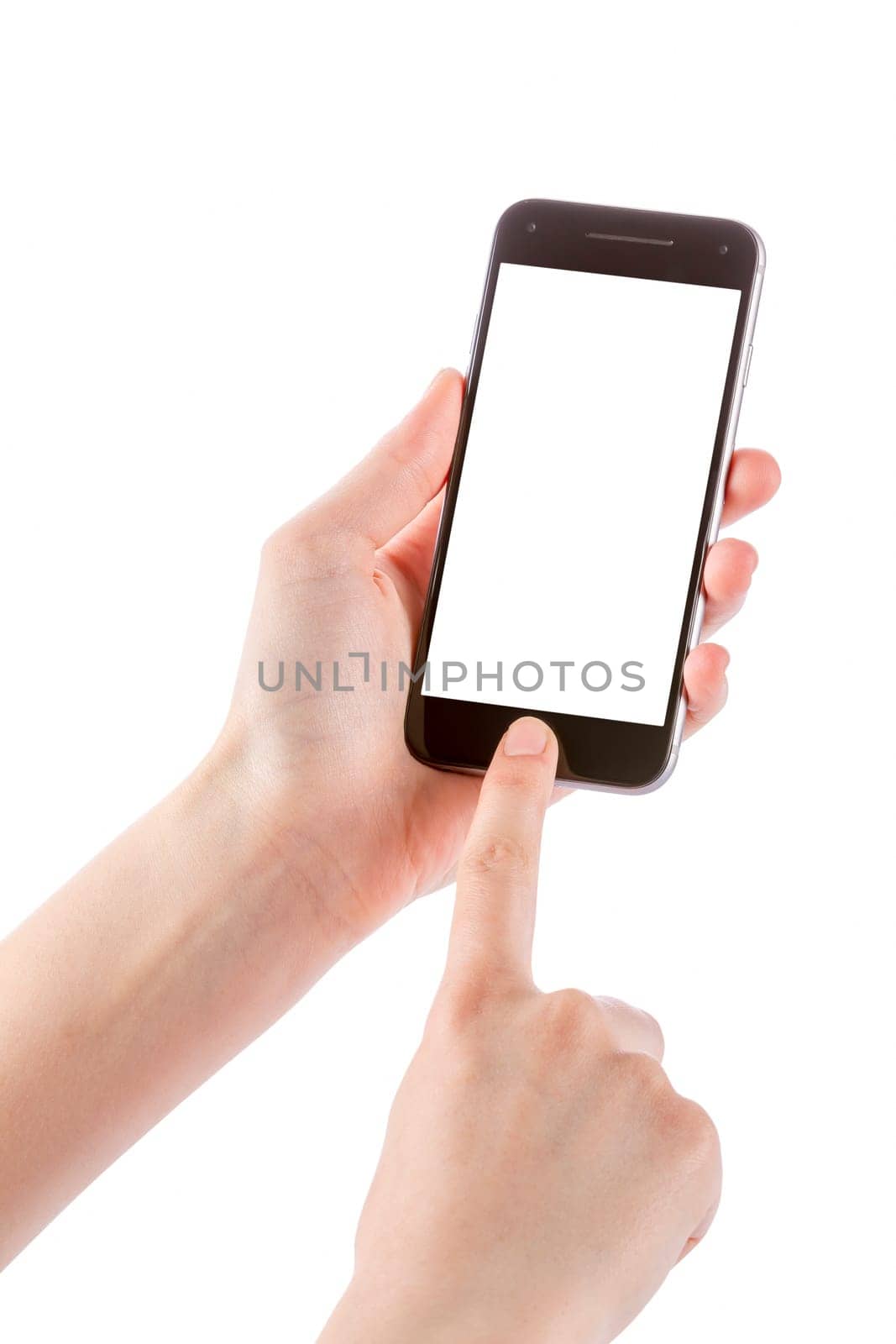 Woman holding smartphone in her hands. Finger touching home button