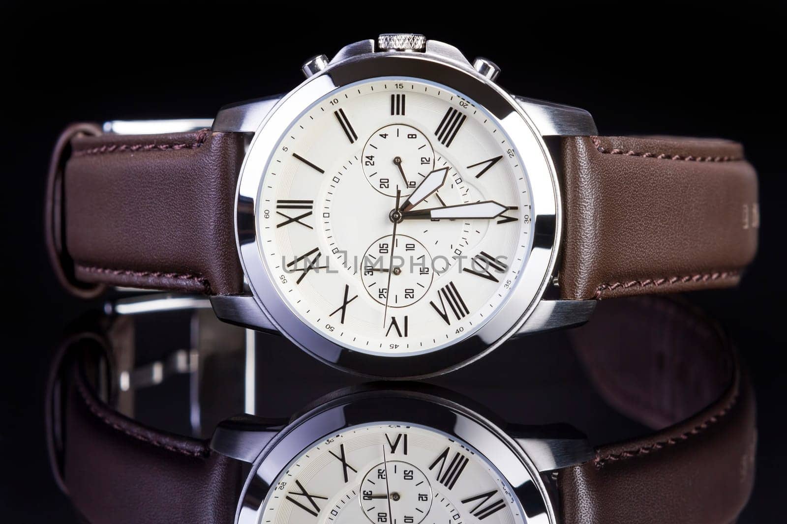 Men's luxury wrist watch on white background.