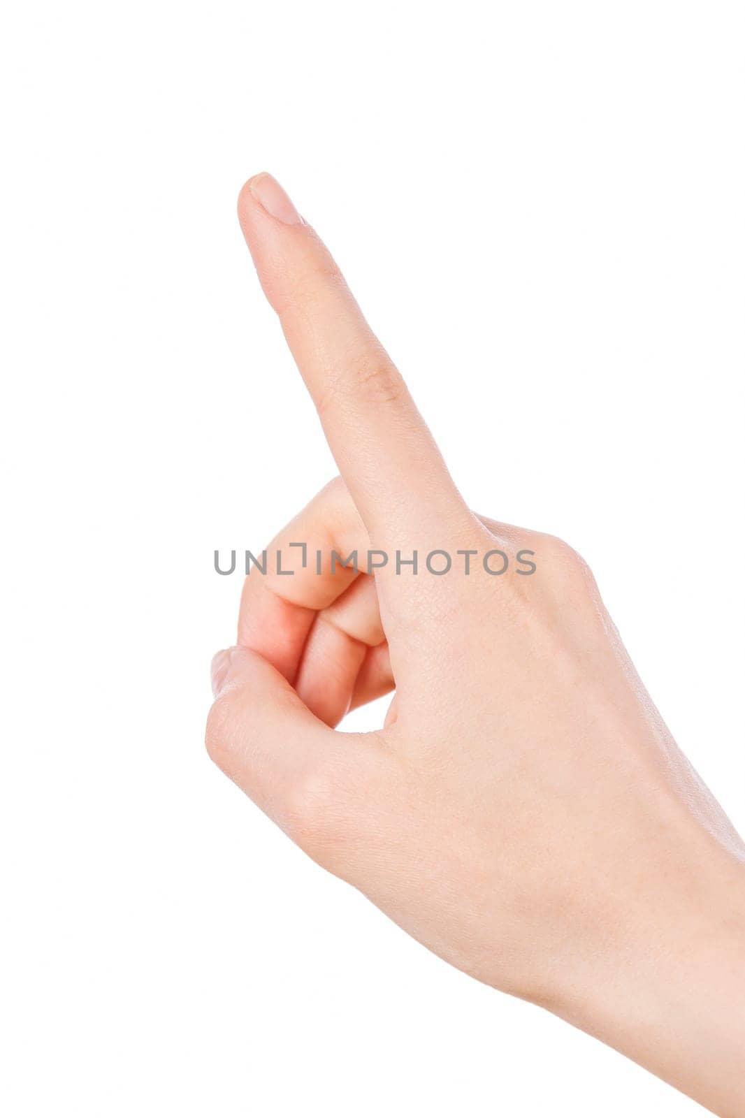 Hand pointing, touching or pressing isolated on white background. Caucasian female.