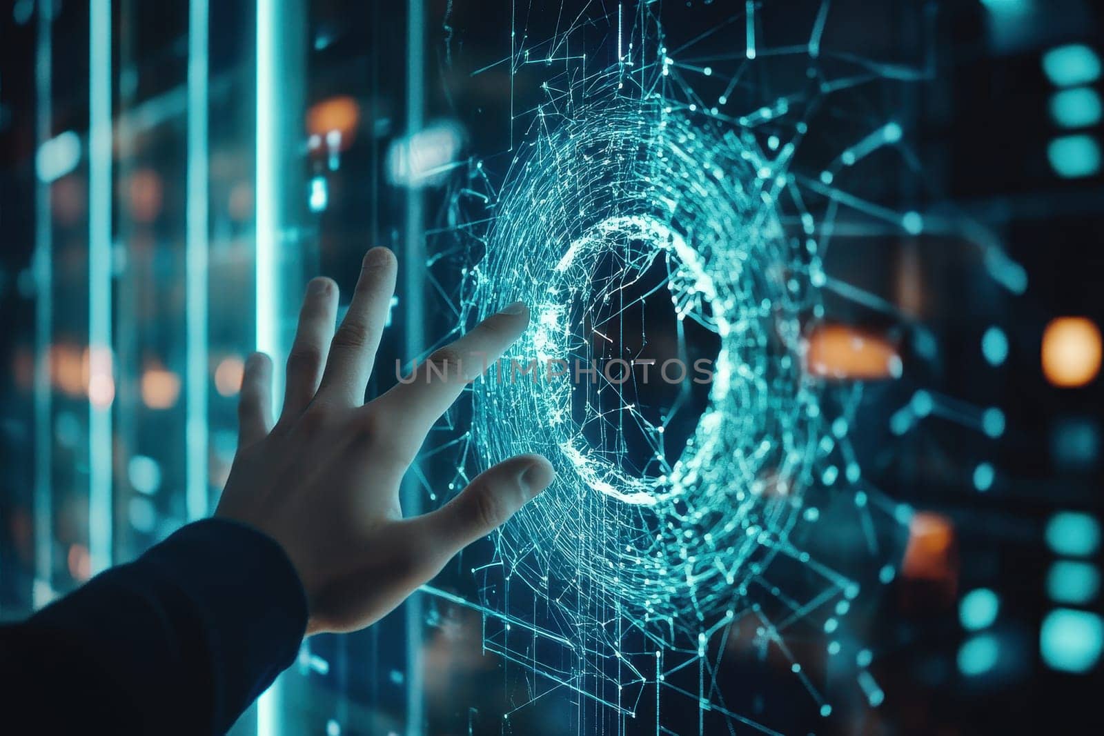 A human hand reaches out to manipulate a glowing digital interface, symbolizing the interaction between technology and human innovation in a modern world.