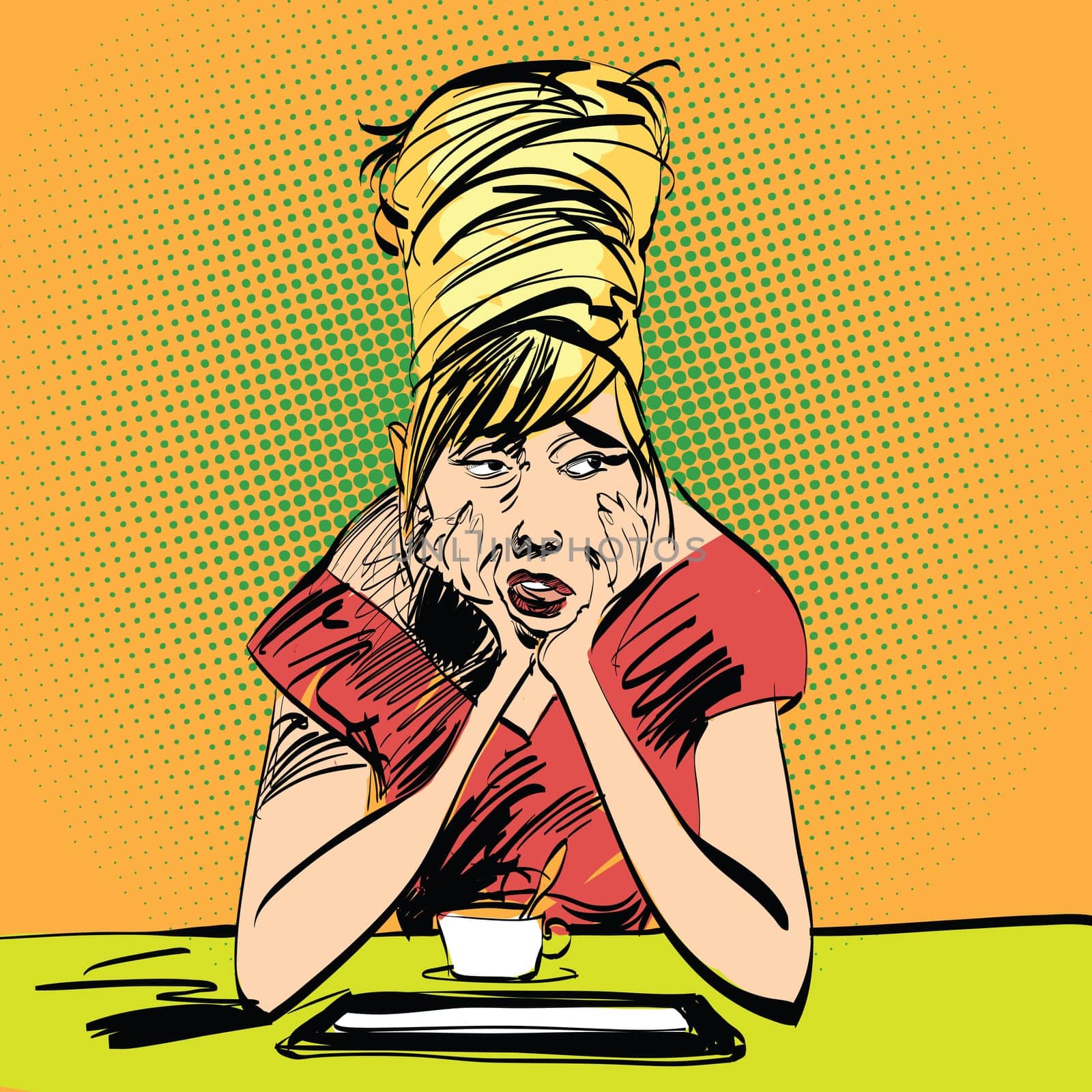 Sad girl with a Cup of coffee, pop art retro vector illustration, imitation of raster halftone