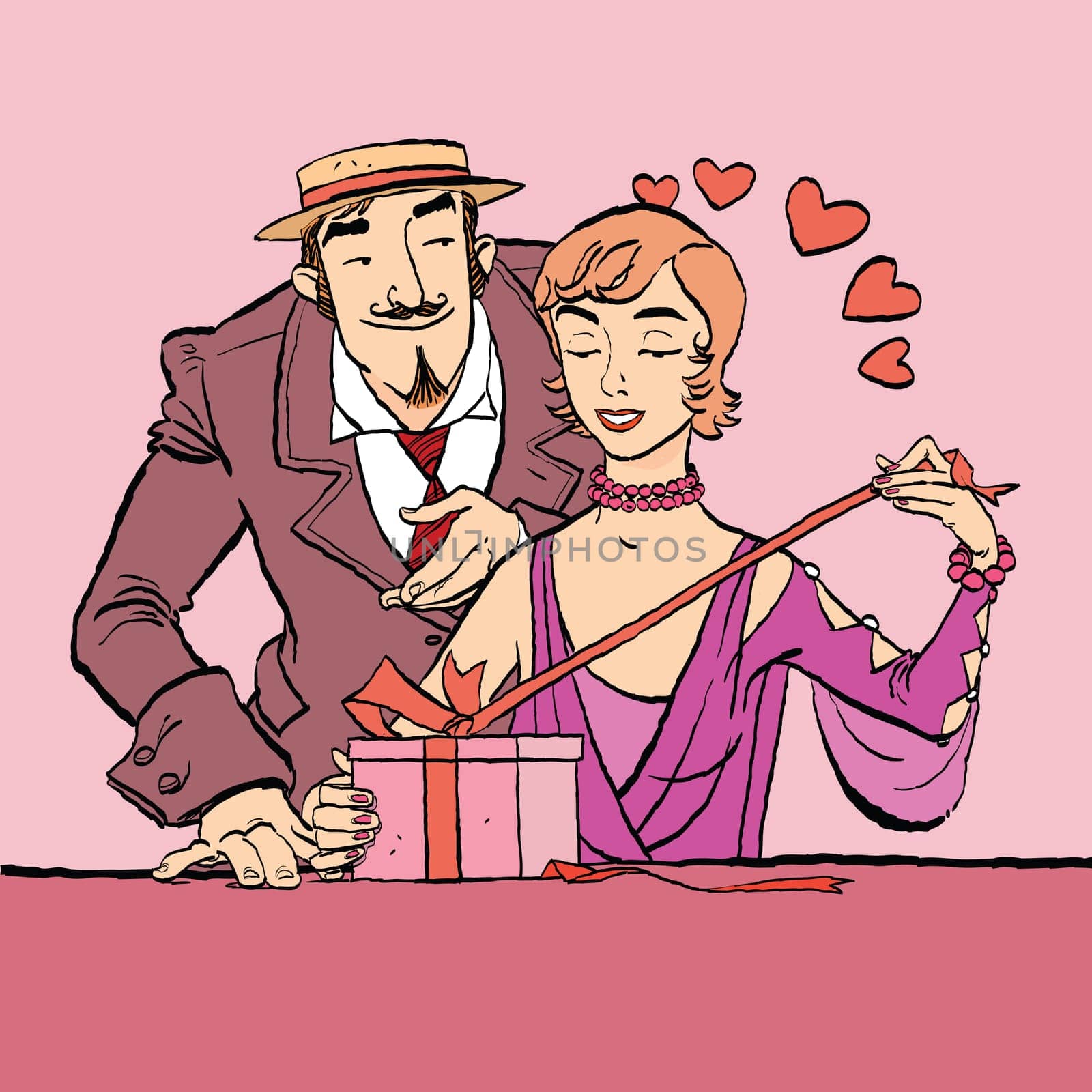 Love and romance. Retro woman opens the gift to a loved one. Vector cartoon illustration of retro style.