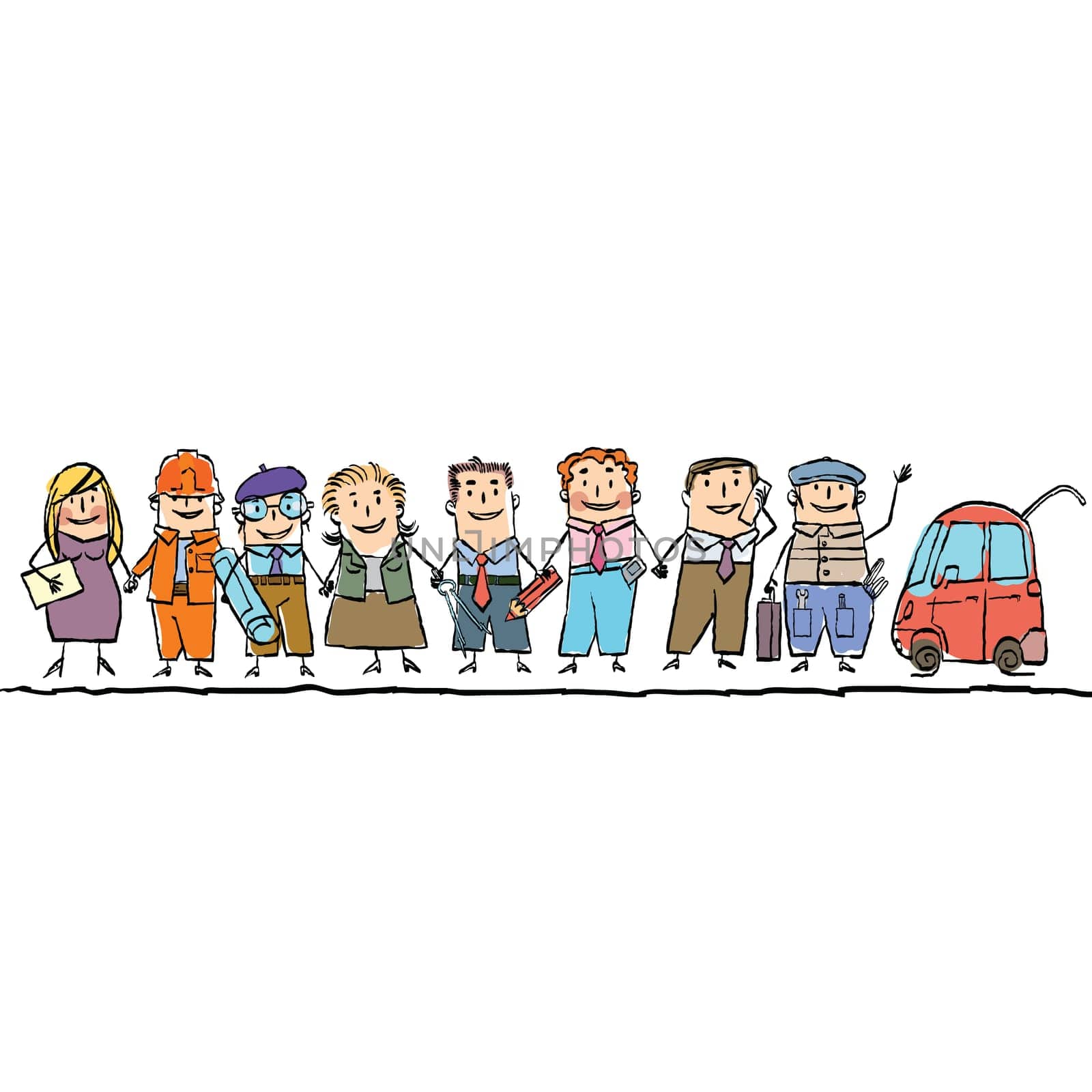 set workers of different professions. Cartoon hand drawing illustration