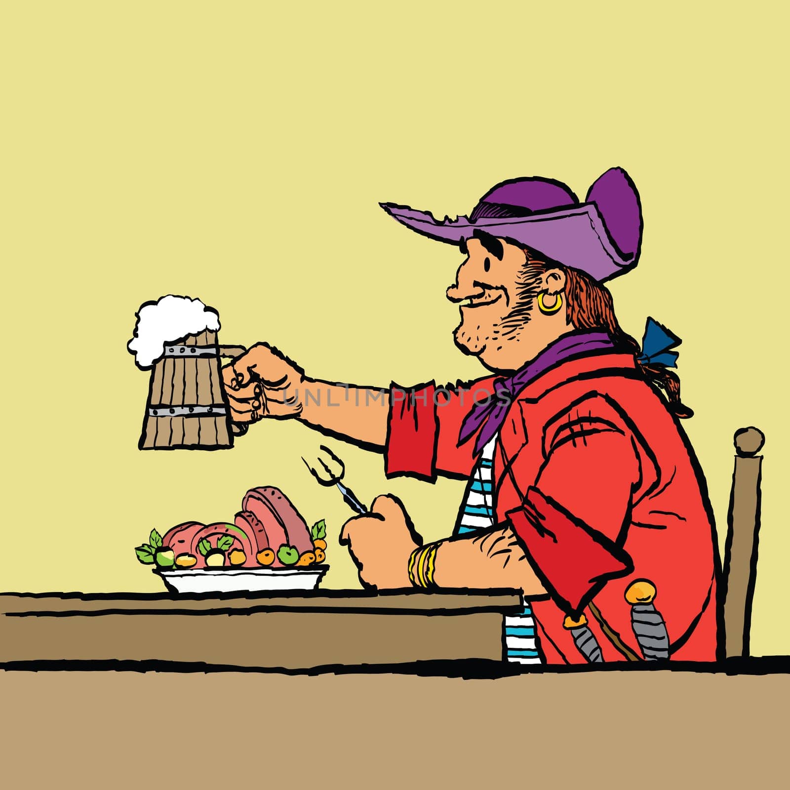 Brave pirate is eating in the tavern. Cartoon hand drawing illustration. Beer and meat