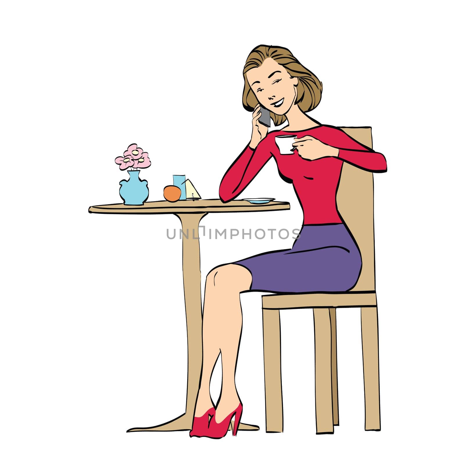 Beautiful woman in cafe drinking coffee. Vector cartoon illustration of retro style.