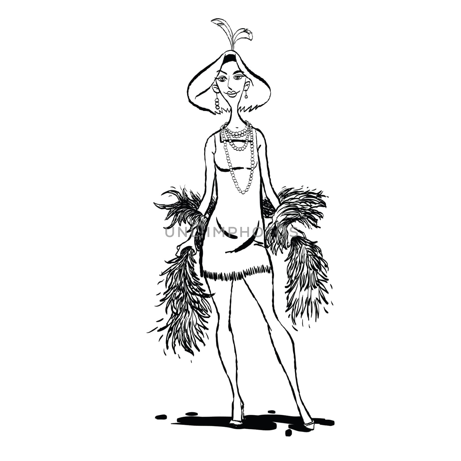 Retro lady with scarf ostrich feather. Vector cartoon illustration. Black and white illustration to paint