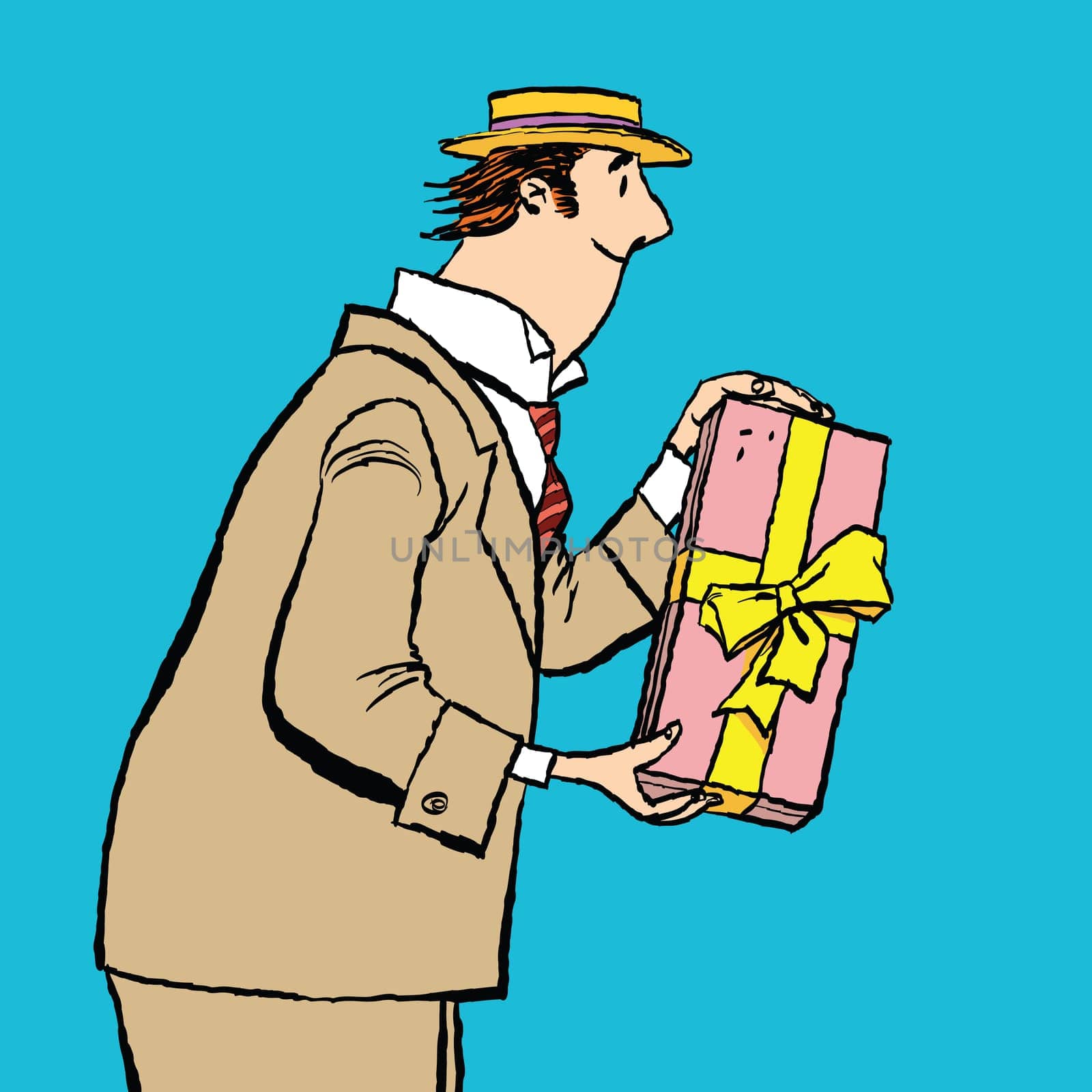 retro man gives a gift, cartoon style vector illustration. Birthday or holiday