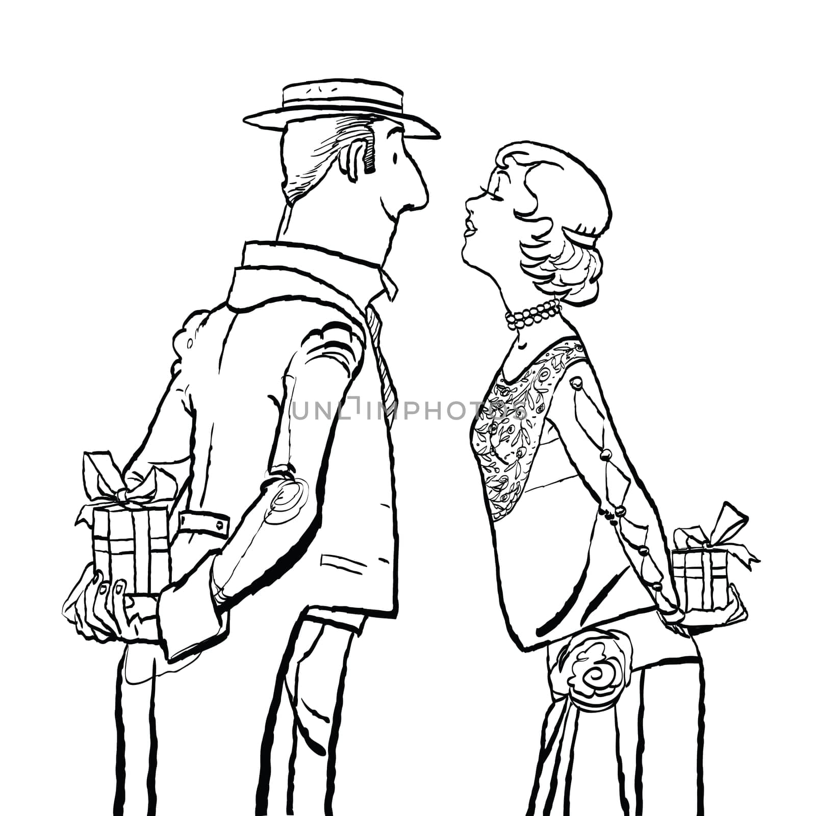 Valentine day, a couple man and woman give gifts. Vector cartoon illustration of retro style.
