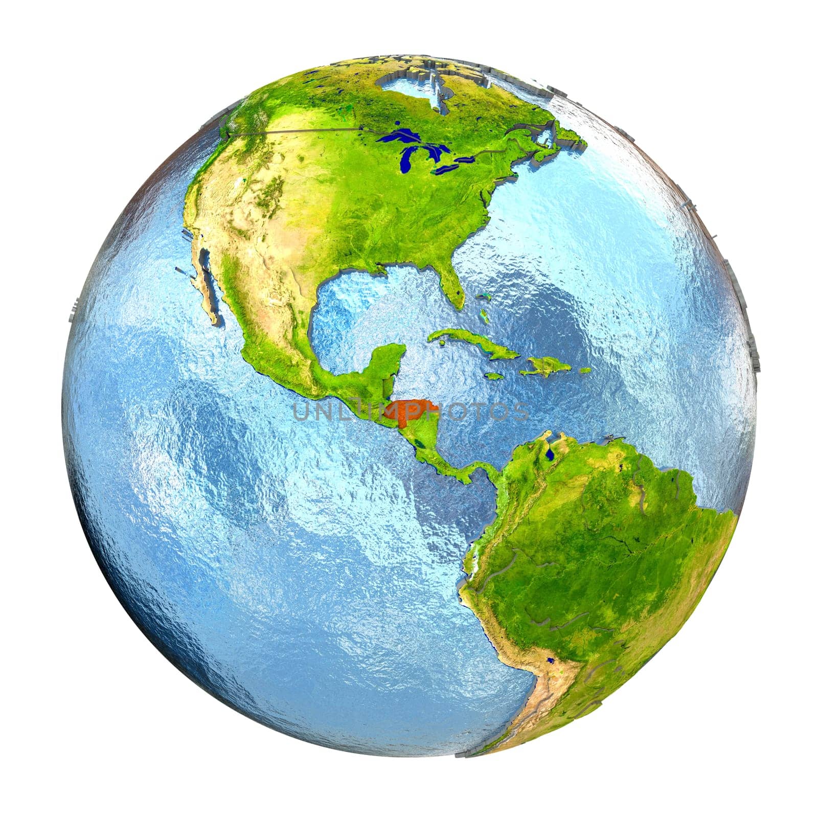Honduras highlighted in red on Earth. 3D illustration with highly detailed realistic planet surface isolated on white background. Elements of this image furnished by NASA.