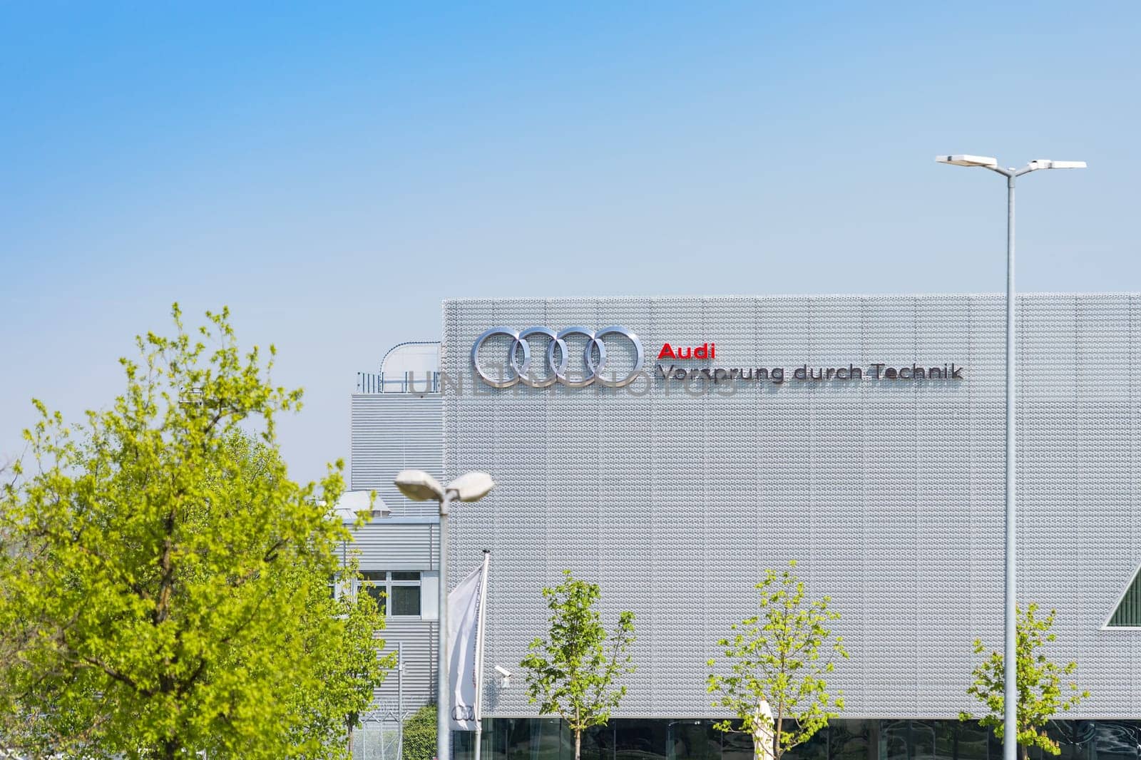 Munich, Germany - May 6, 2016: New modern building of Audi Training Center with German inscription "Advantage through technology"""