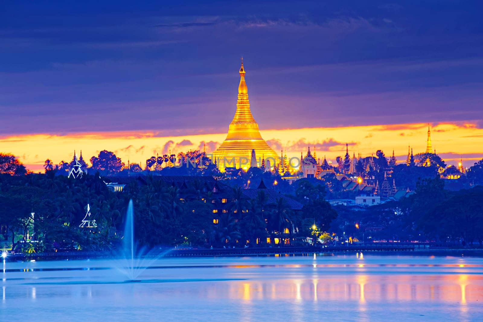 Shwedagon Pagoda at sunset , Myanmar Yangon landmark