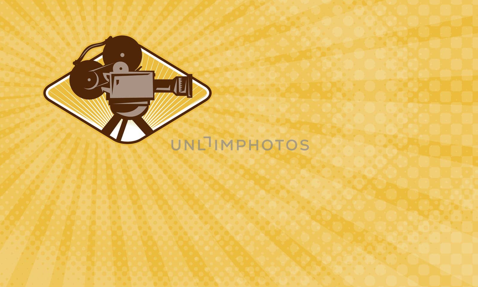 Business card showing Illustration of a vintage movie film motion-picture camera set inside diamond shape done in retro style....
