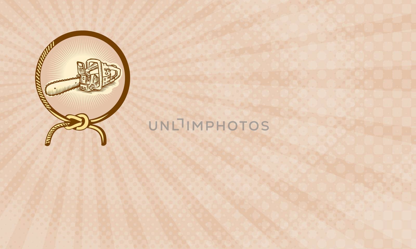 Business card showing Illustration of chainsaw chain saw set inside lasso rope square knot done in retro style....