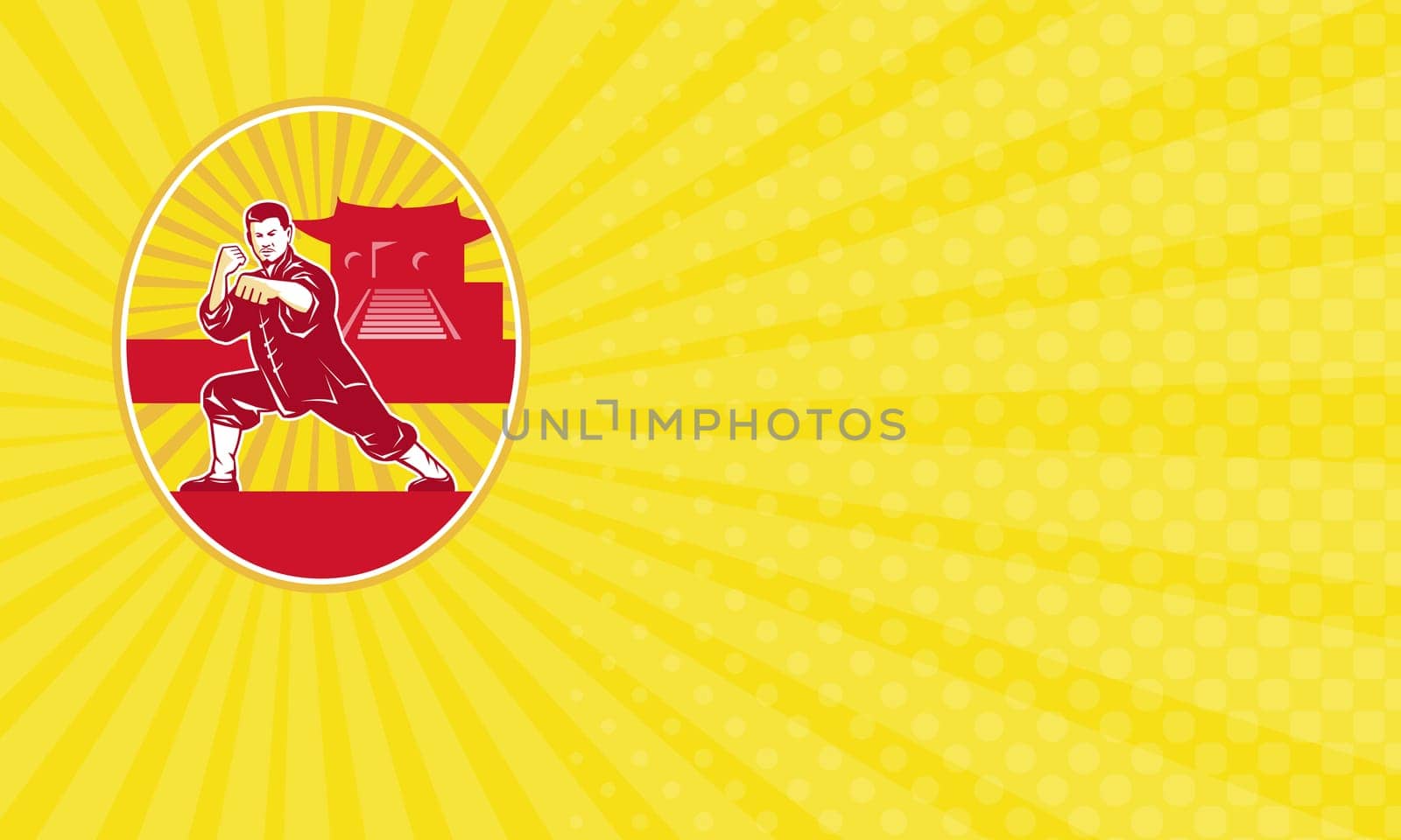 Business card showing Illustration of shaolin kung fu martial arts karate master in fighting stance with temple and sunburst in background set inside oval done in retro style.....