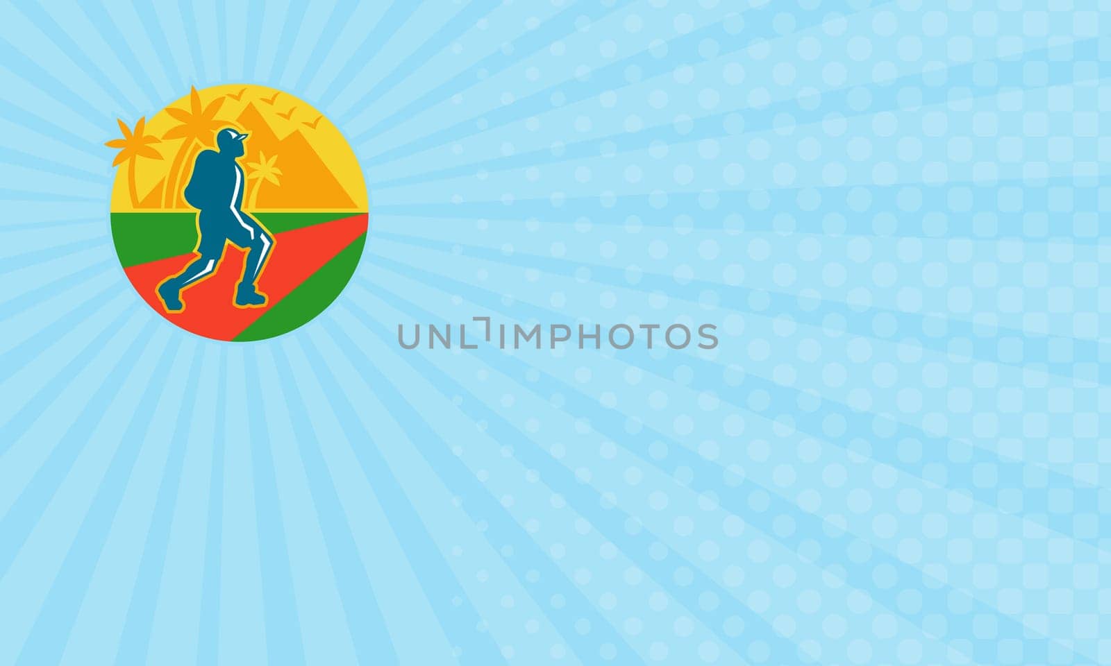 Business card showing Illustration of a hiker hiking walking on road with trees and mountains in background set inside circle done in retro style....