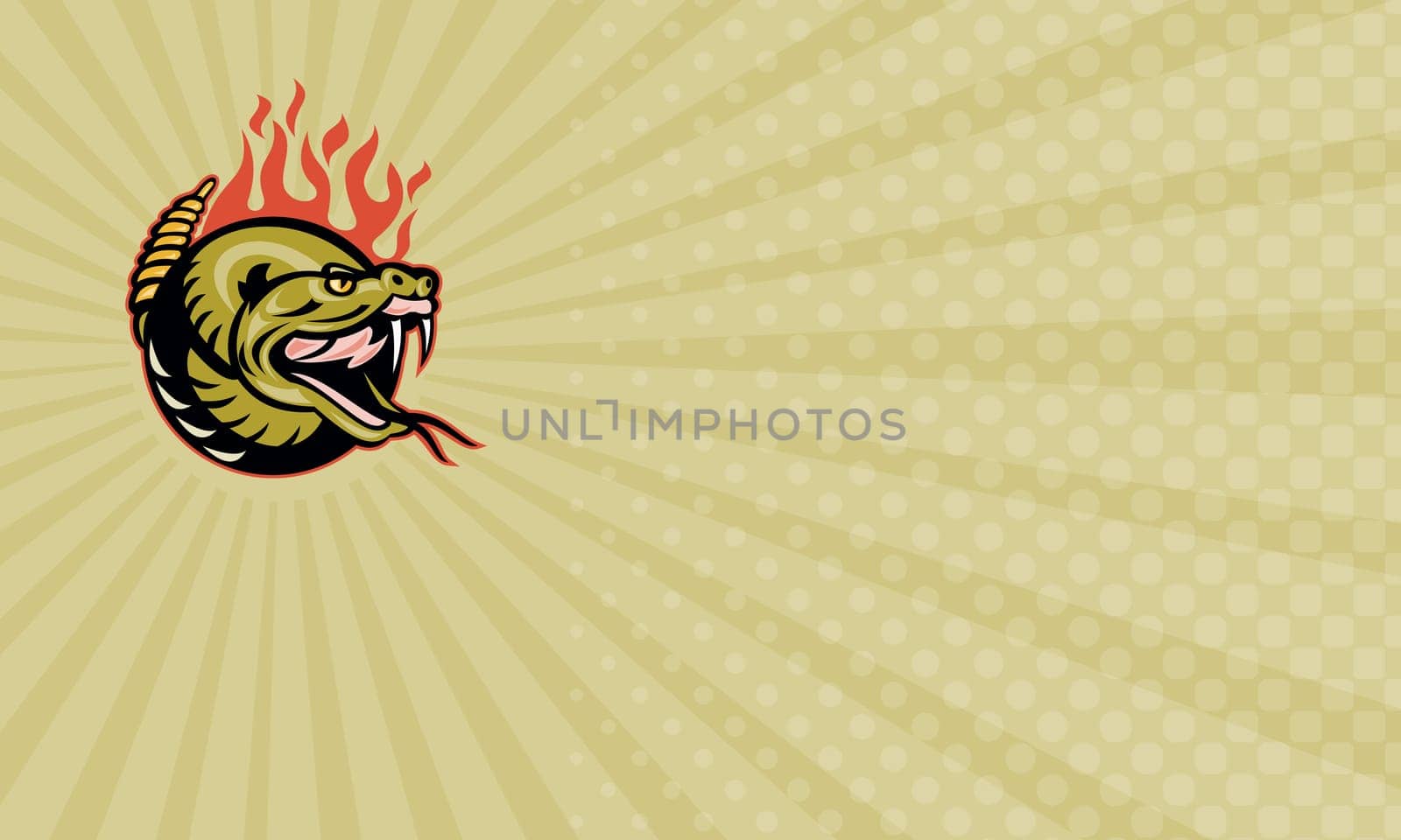 Business card showing Illustration of a rattle snake snake head with flames...